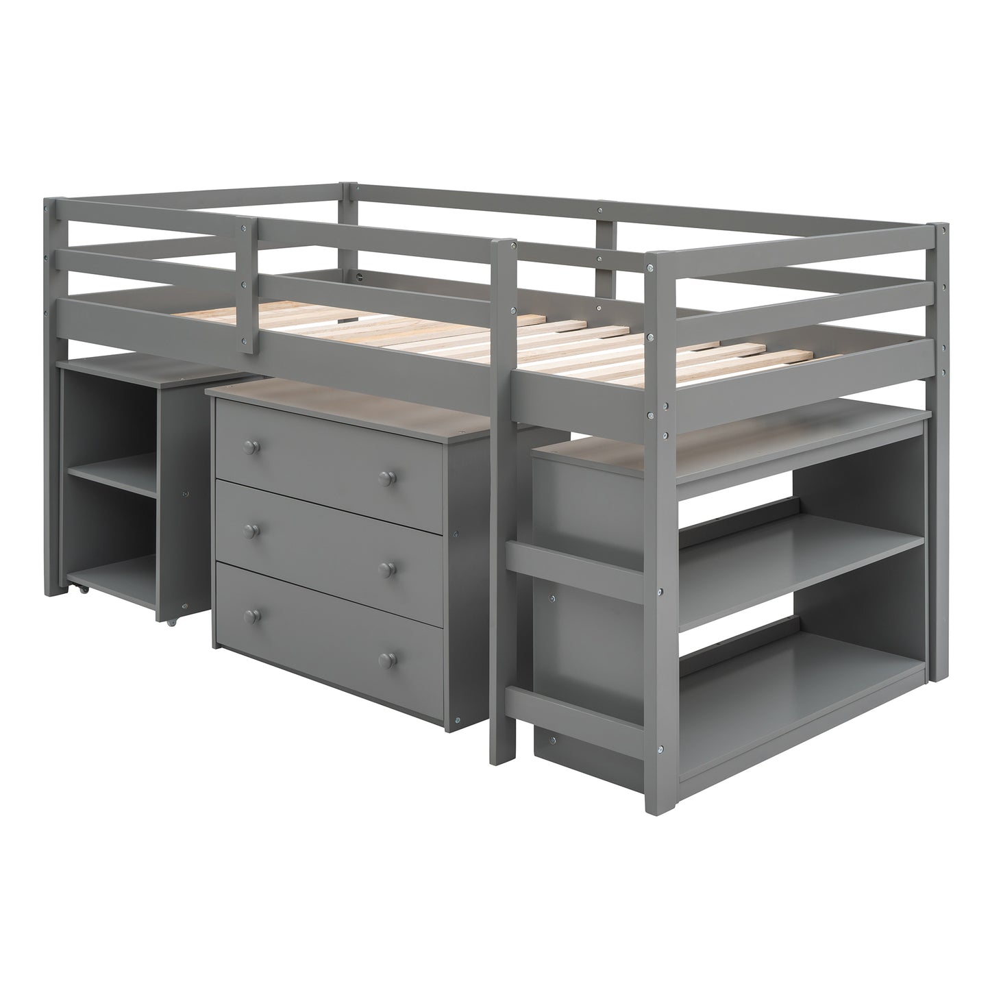 Low Study Twin Loft Bed with Cabinet and Rolling Portable Desk - Gray