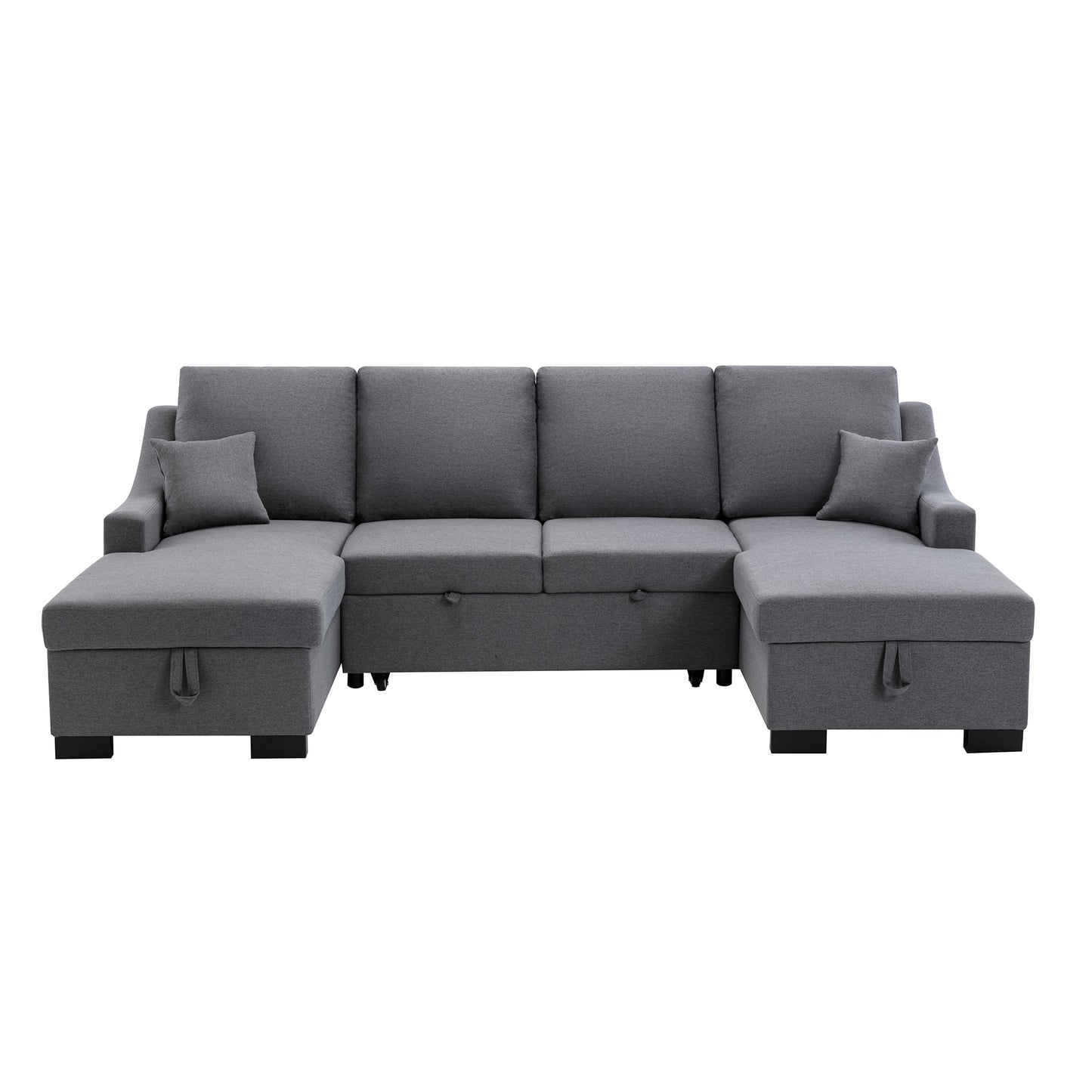 U_STYLE Upholstery Sleeper Sectional Sofa with Double Storage Spaces, 2 Tossing Cushions, Grey