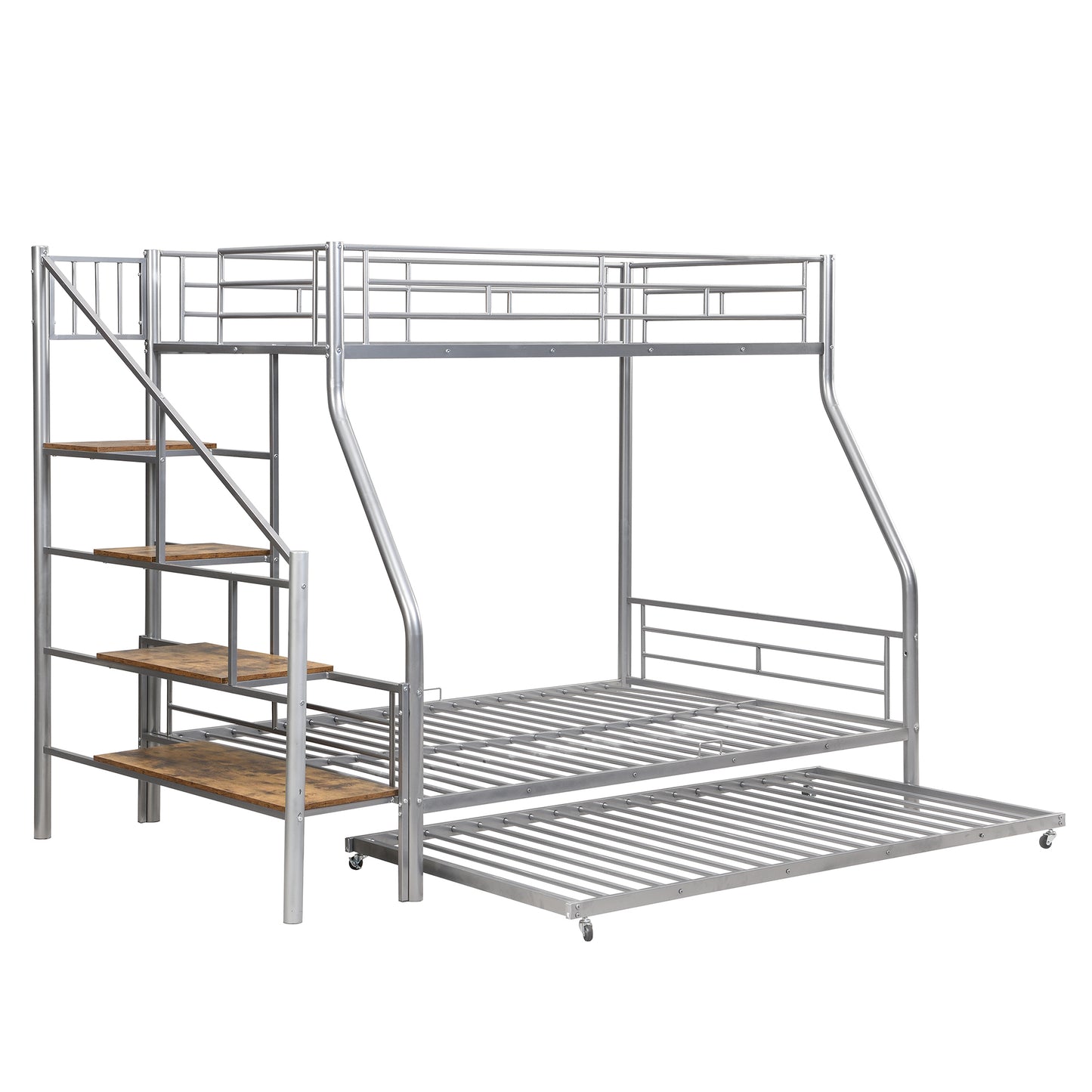 Silver Metal Bunk Bed with Trundle and Storage Staircase