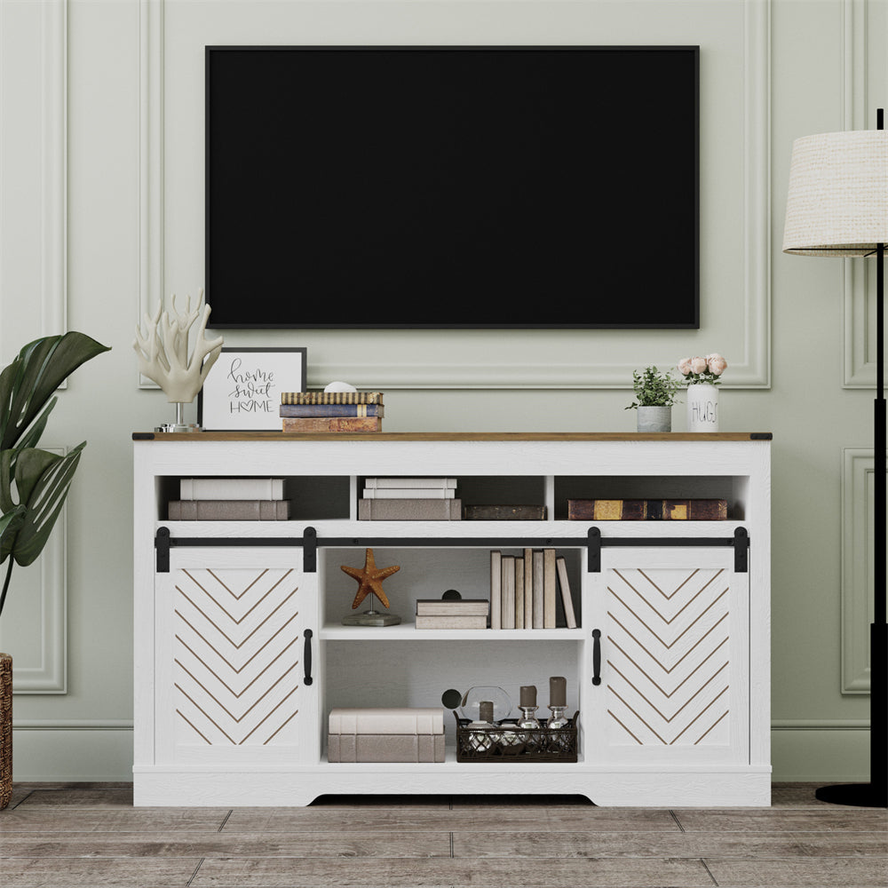 Modern Farmhouse TV Stand Sideboard in White Wood with Adjustable Shelves