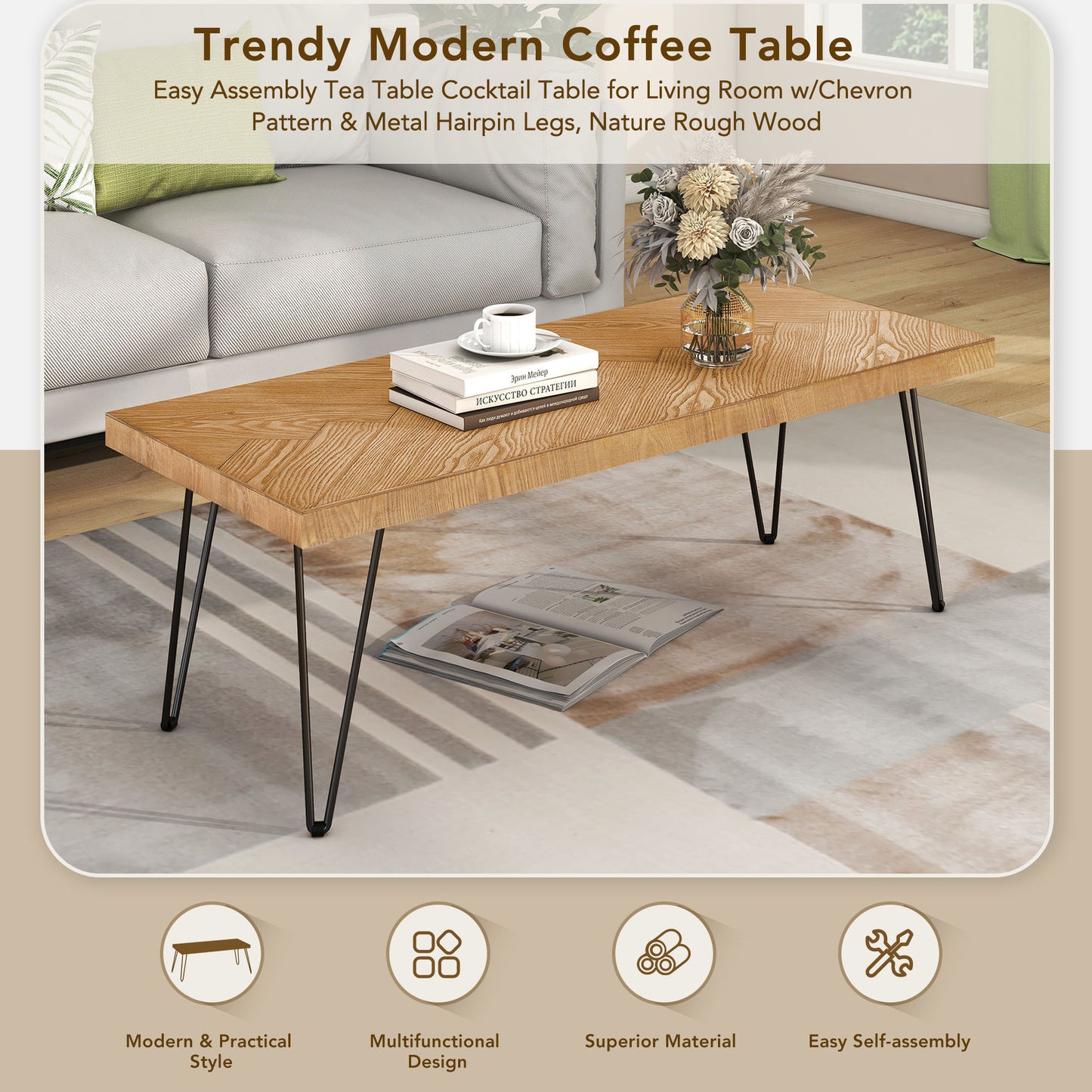 Stylish Ash Wood Coffee Table with Metal Hairpin Legs