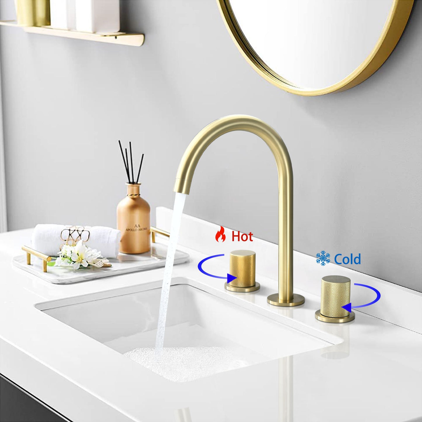 Golden Brushed Two Handles Widespread 8 Inch Bathroom Faucet