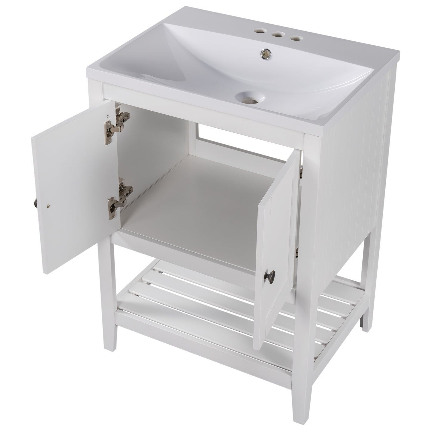 24" White Modern Sleek Bathroom Vanity Elegant Ceramic Sink with Solid Wood Frame Open Style Shelf