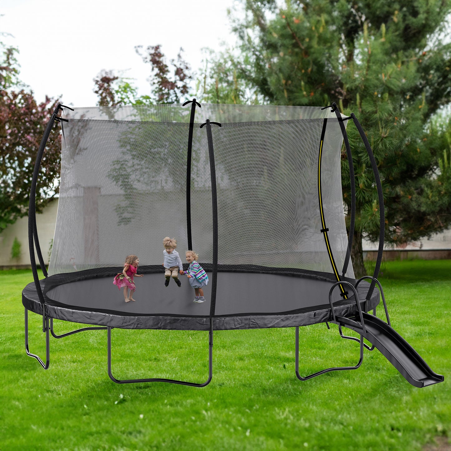 16FT Trampoline with Slide , Outdoor Pumpkin Trampoline for Kids and Adults with Enclosure Net and Ladder