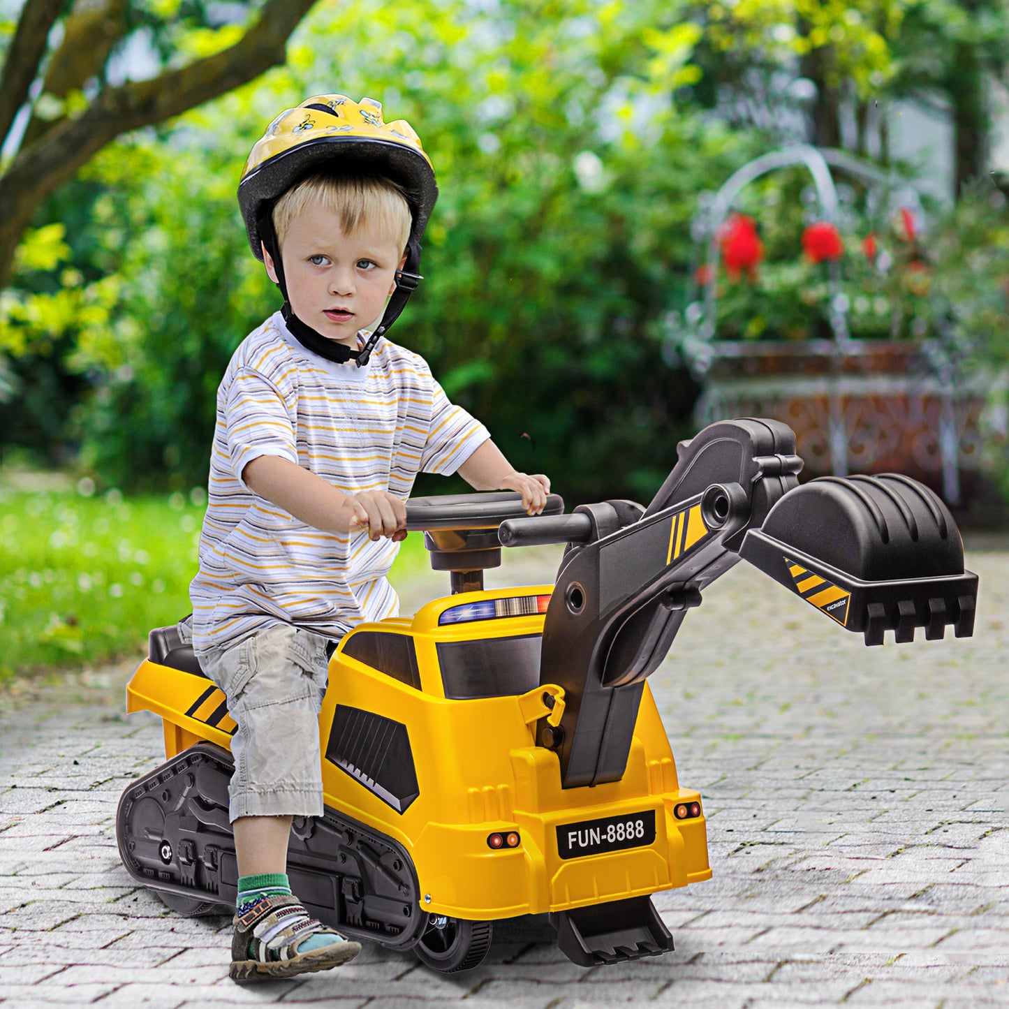 3-in-1 Yellow Ride-On Excavator Bulldozer Road Roller for 18-48 Months