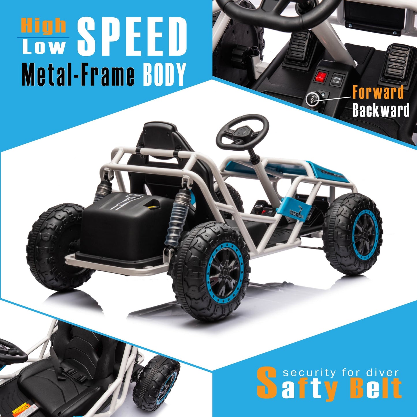 Blue, 24V Ultimate Go-Kart, Ride On Toy for Big Kids Ages 6+, 2x200W Powerful Motor, 6MPH Outdoor/Off road/Dirt Road Electric Car, Wide Seat, Metal Frame, Strong Shock Absorbers, High/Low Speed, Gift