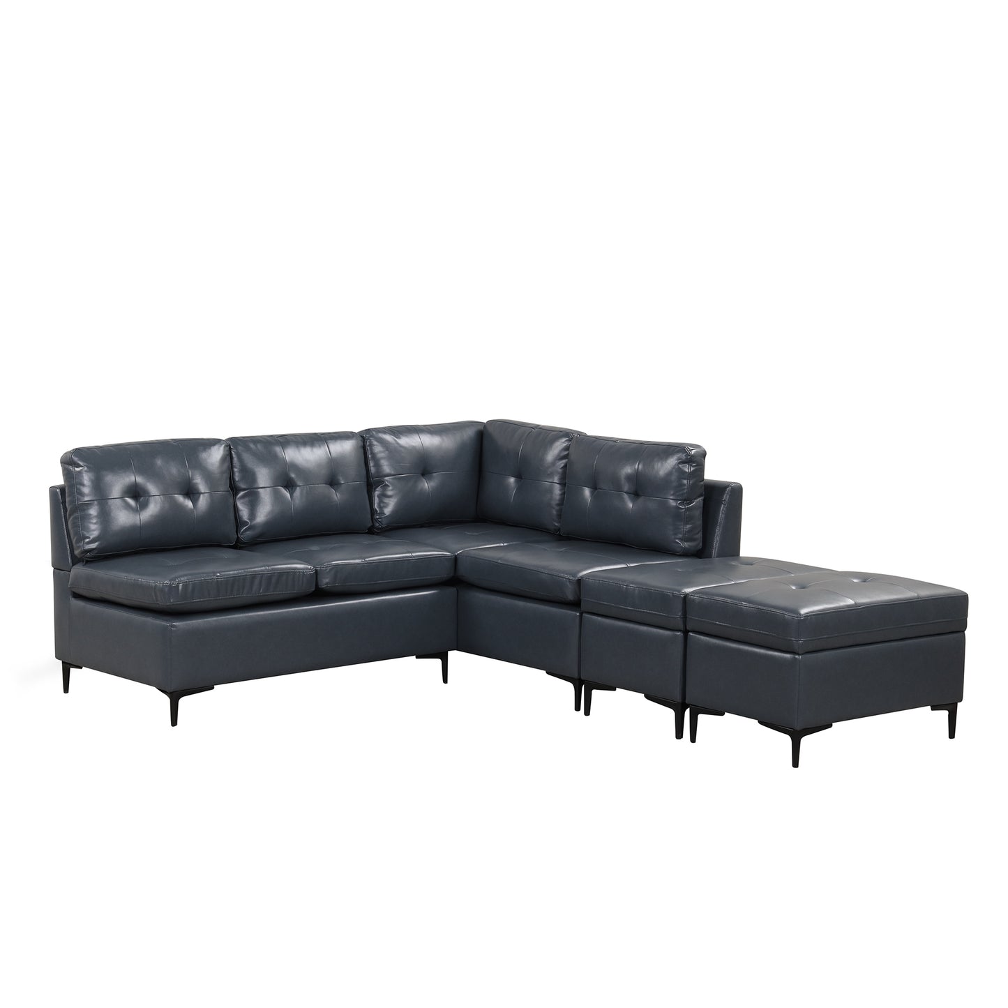 Blue L-Shaped Sectional Sofa Set with Movable Storage Ottomans