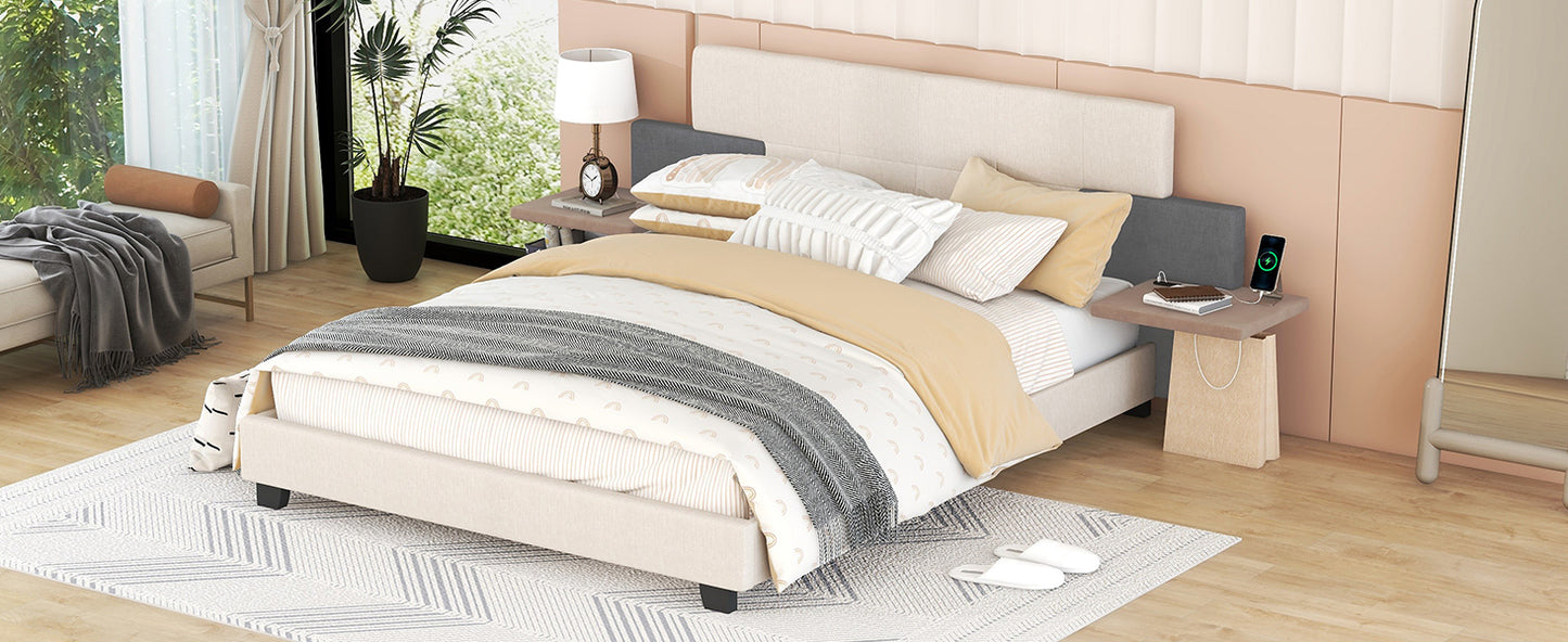 Queen Size Upholstered Platform Bed with Bedside Shelves and USB Charging Design, Beige+Gray