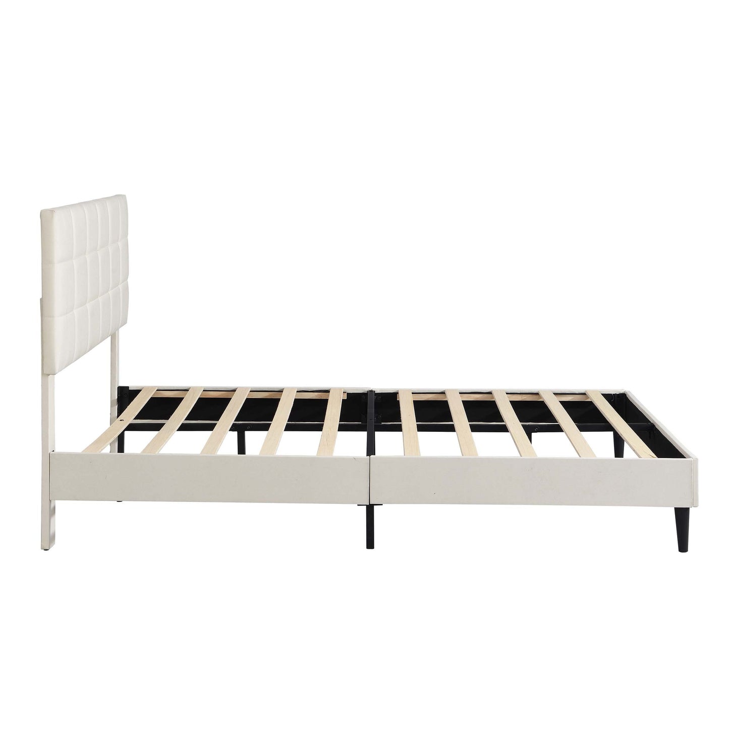 Full Size Platform Bed Frame with Fabric Upholstered Headboard and Wooden Slats, No Box Spring Needed/Easy Assembly, Beige