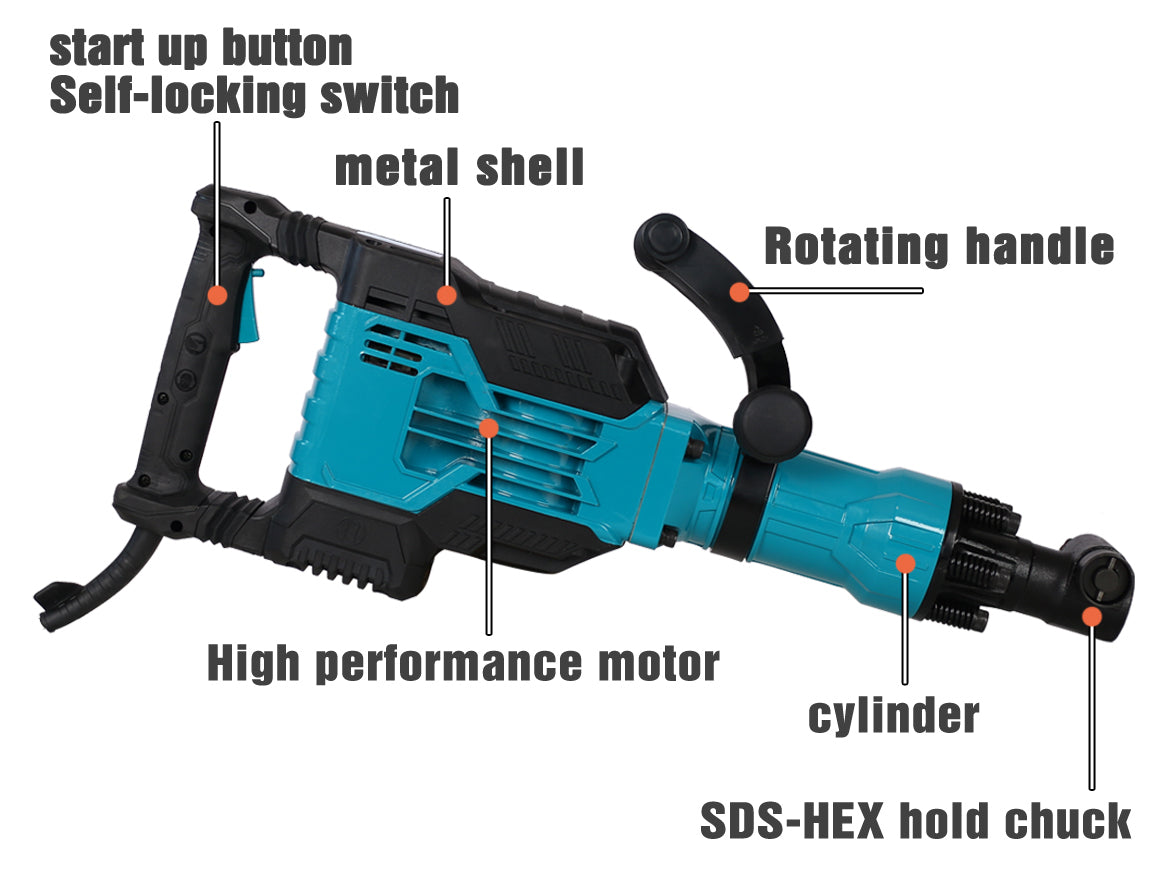 1900 BPM Electric Demolition Jack Hammer 1-1/8 Inch SDS-Hex Heavy Duty Concrete Pavement Breaker Drills Kit