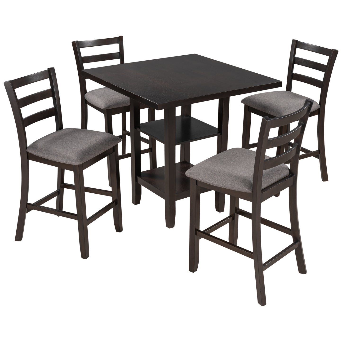 TREXM 5-Piece Wooden Counter Height Dining Set with Padded Chairs and Storage Shelving (Espresso)