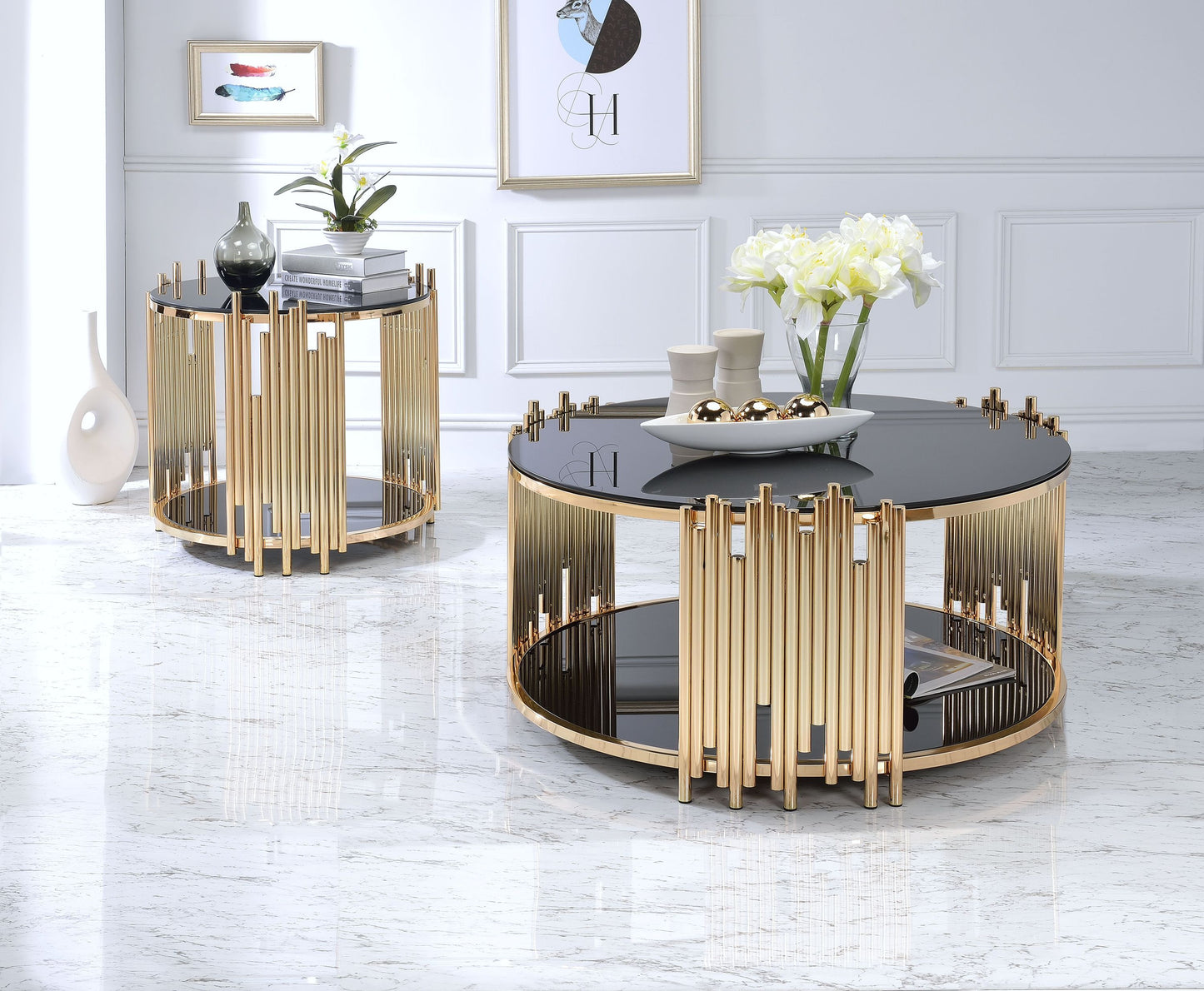 Gold & Black Glass Tanquin Coffee Table with Asymmetrical Metal Tubing