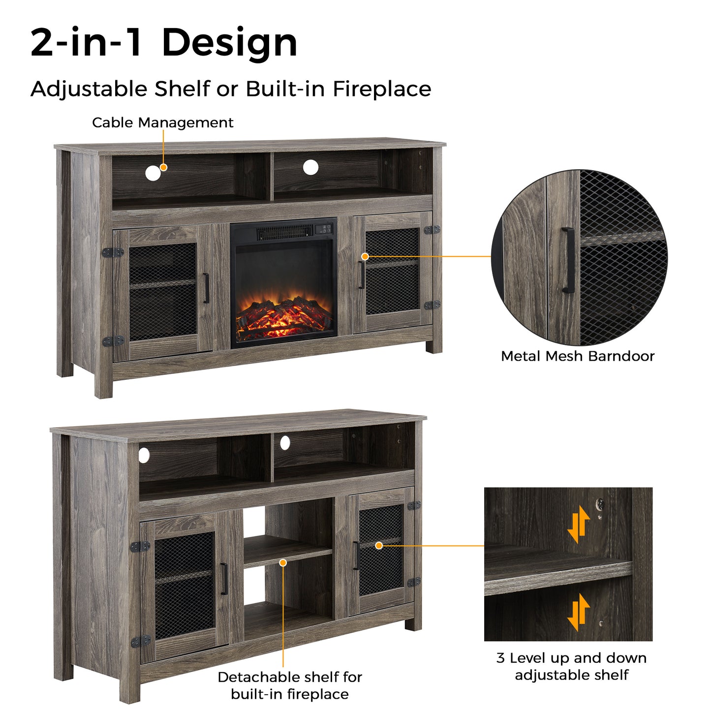 Industrial Style Electric Fireplace TV Stand with Storage Cabinet, Fits up to 65 Flat Screen TV, Grey