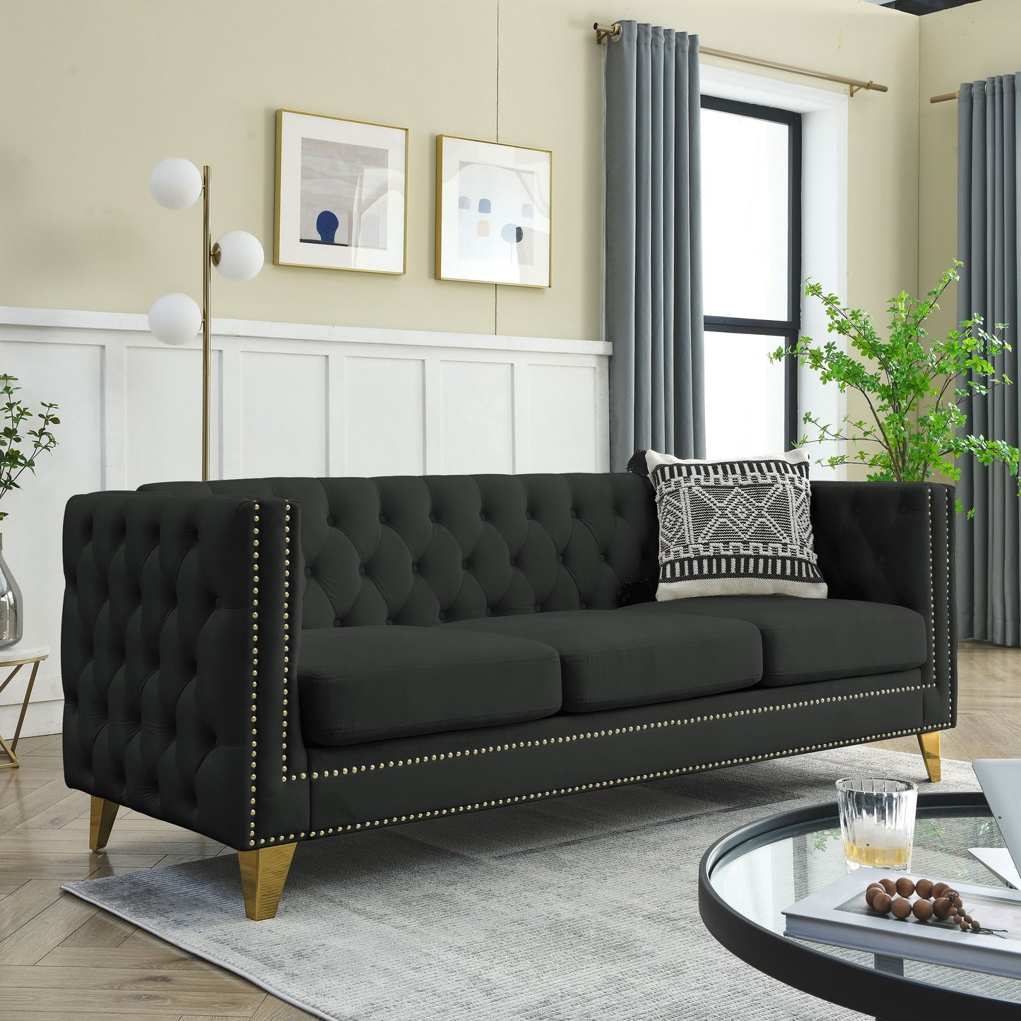 Velvet Sofa for Living Room,Buttons Tufted Square Arm Couch, Modern Couch Upholstered Button and Metal Legs, Sofa Couch for Bedroom, Black Velvet