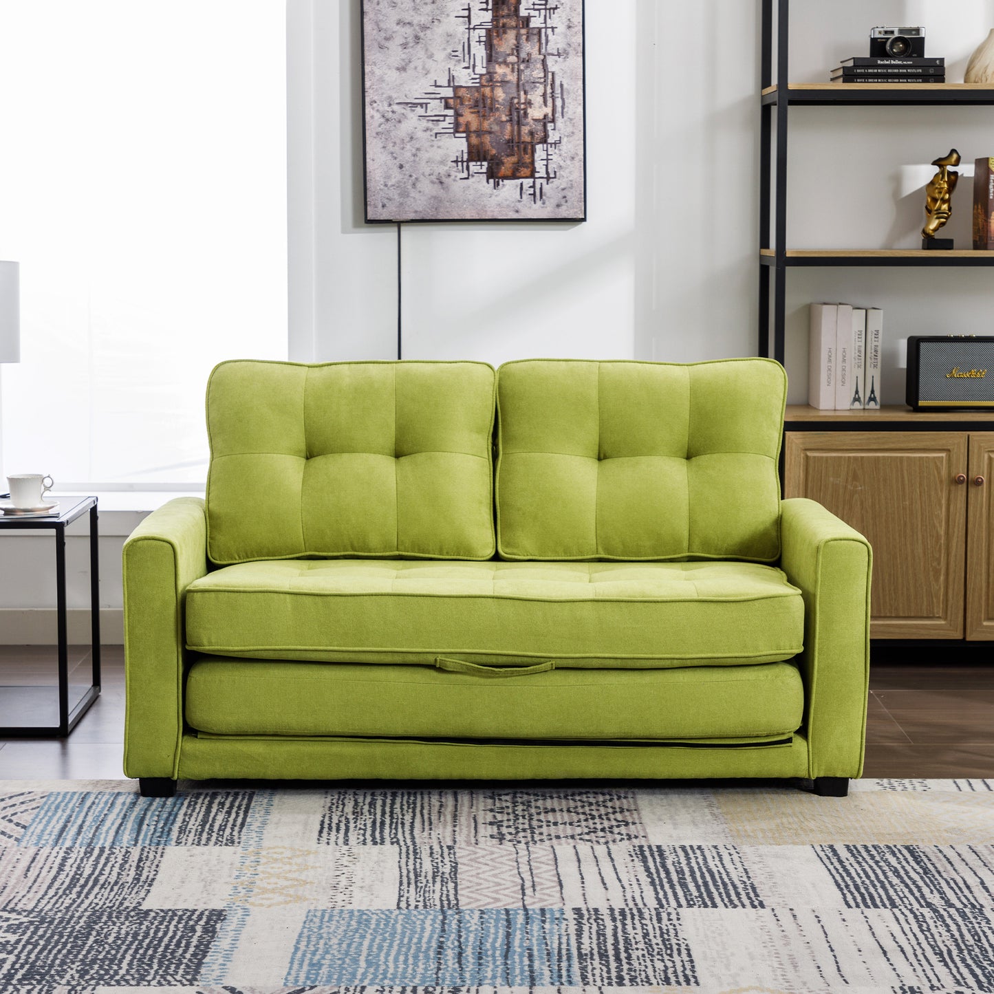 Loveseat Sofa with Pull-Out Bed, Green Chenille Upholstery