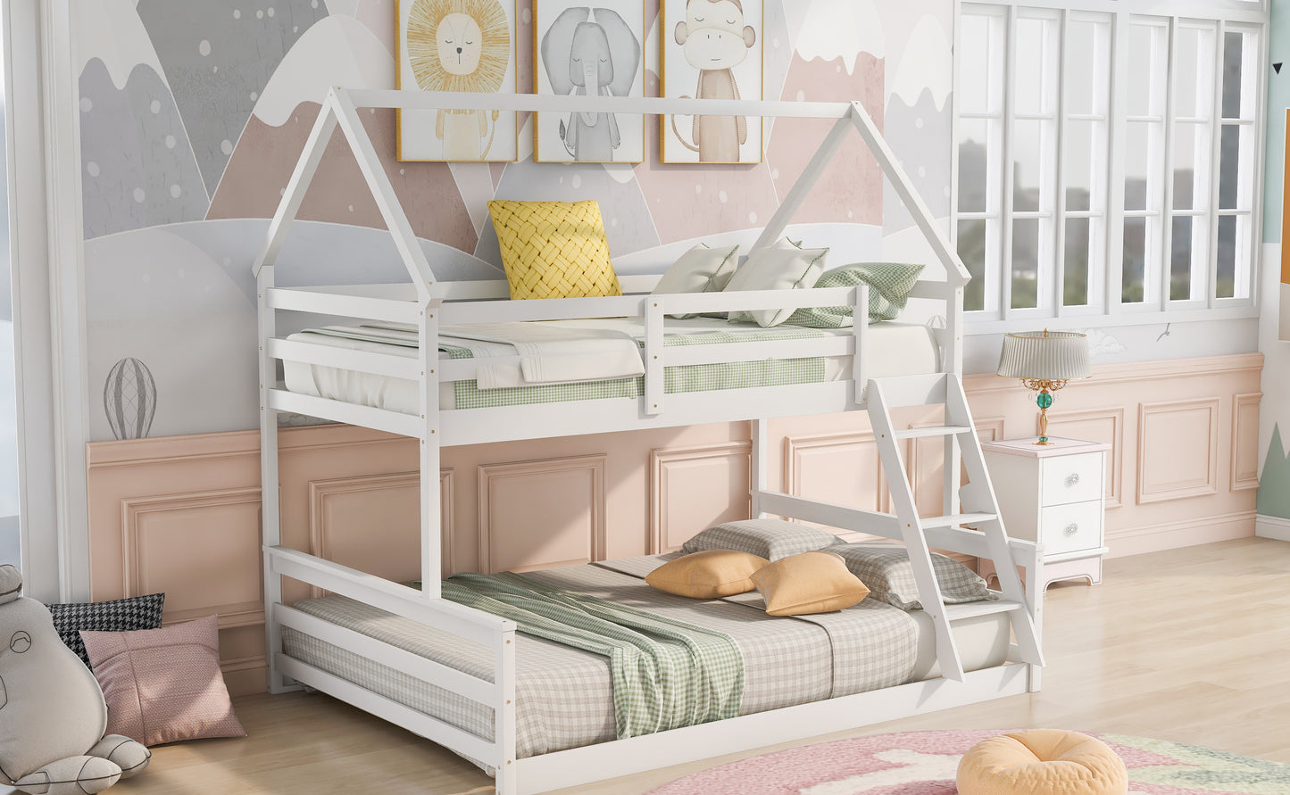 Playful White Twin over Full Bunk Bed with House-Inspired Design