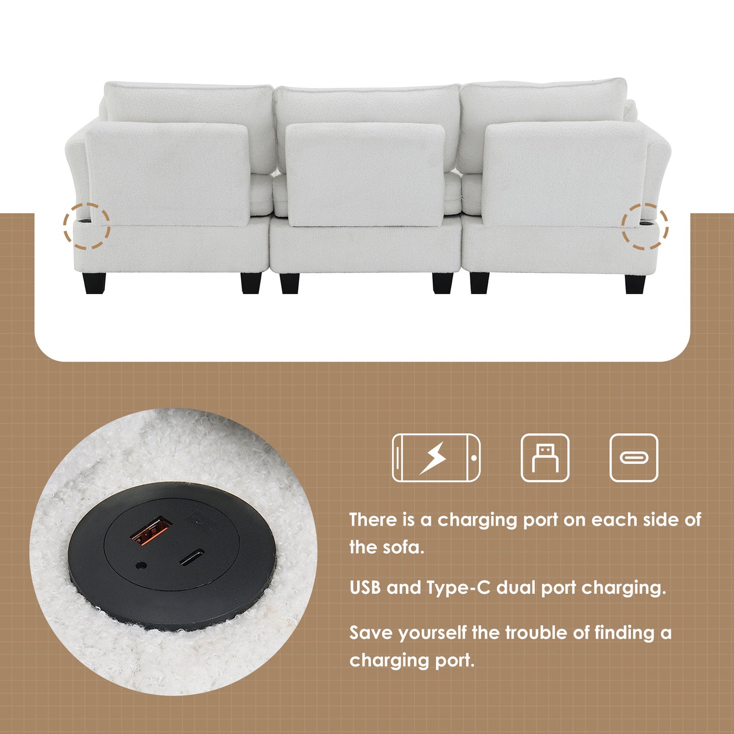 Luxurious Modern Teddy Velvet L-Shaped Sectional Sofa with Charging Ports and Storage Ottoman