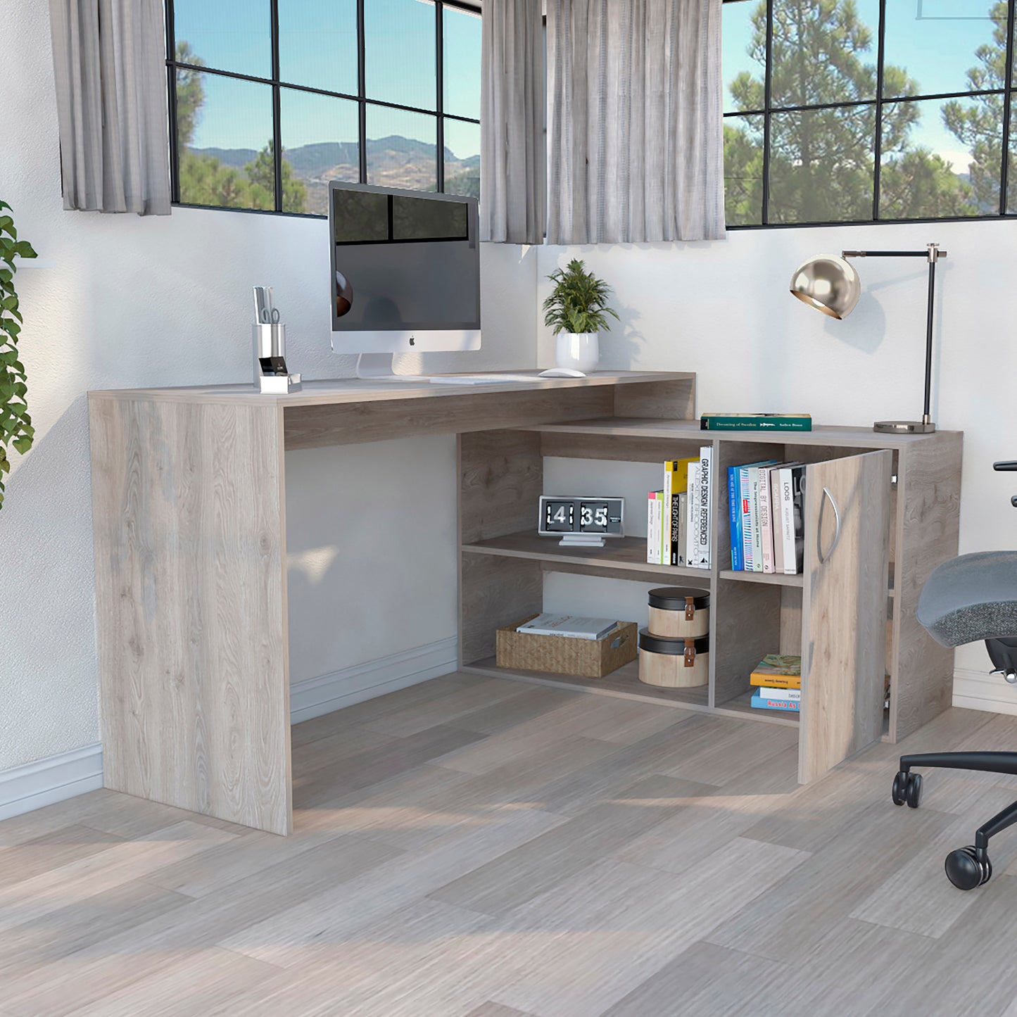 L-Shaped Light Gray Office Desk with Storage Shelves Desti