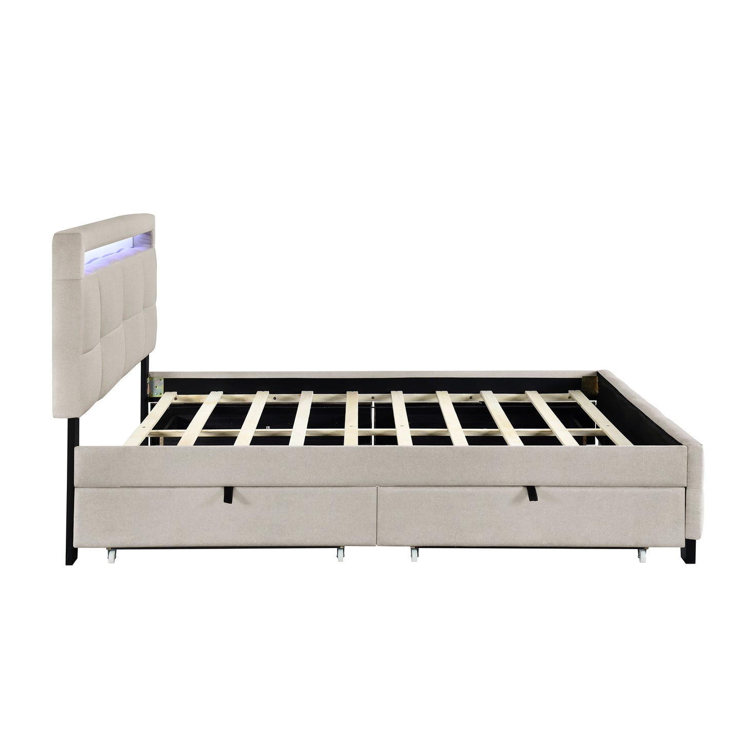 Full Size Upholstered Platform Bed with LED Frame and 4 Drawers, Linen Fabric, Beige