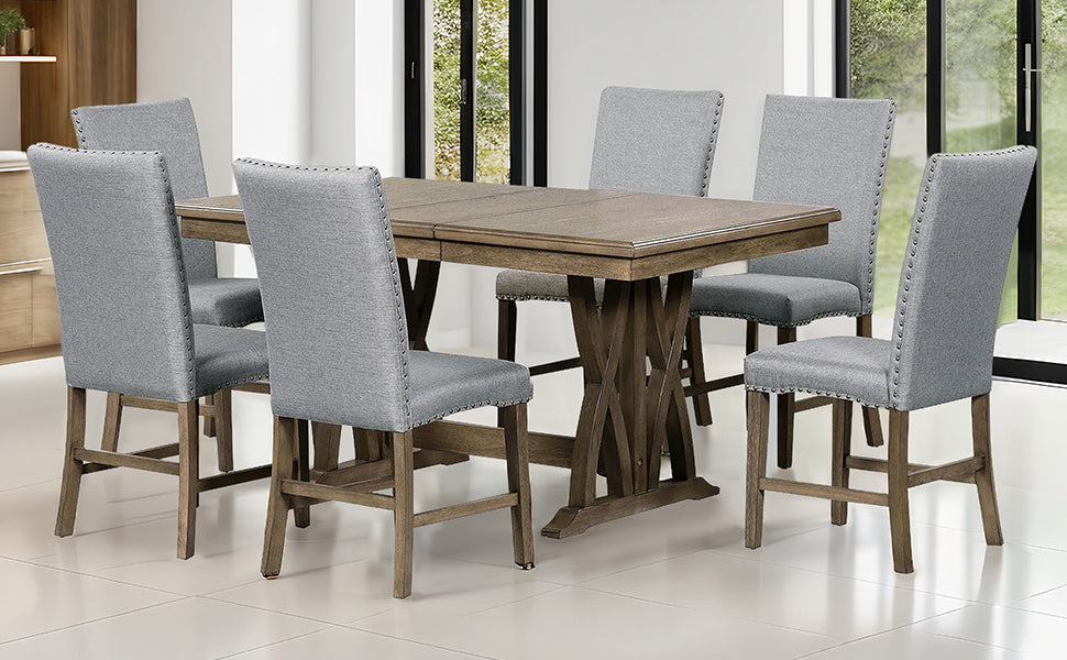 Mid-Century Solid Wood 7-Piece Dining Table Set Extendable Kitchen Table Set with Upholstered Chairs and 12" Leaf for 6, Golden Brown+Gray Cushion