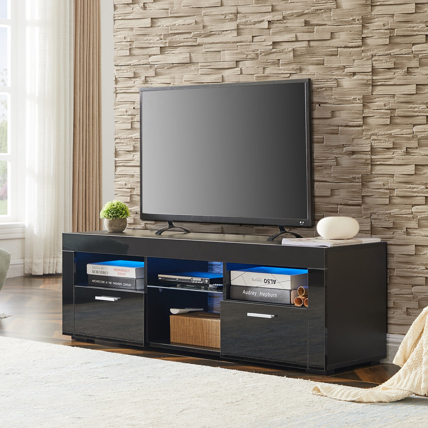 Modern Black TV Stand with LED Lights and High Gloss Front Cabinet - Versatile Assembly for Any Room - Black Color