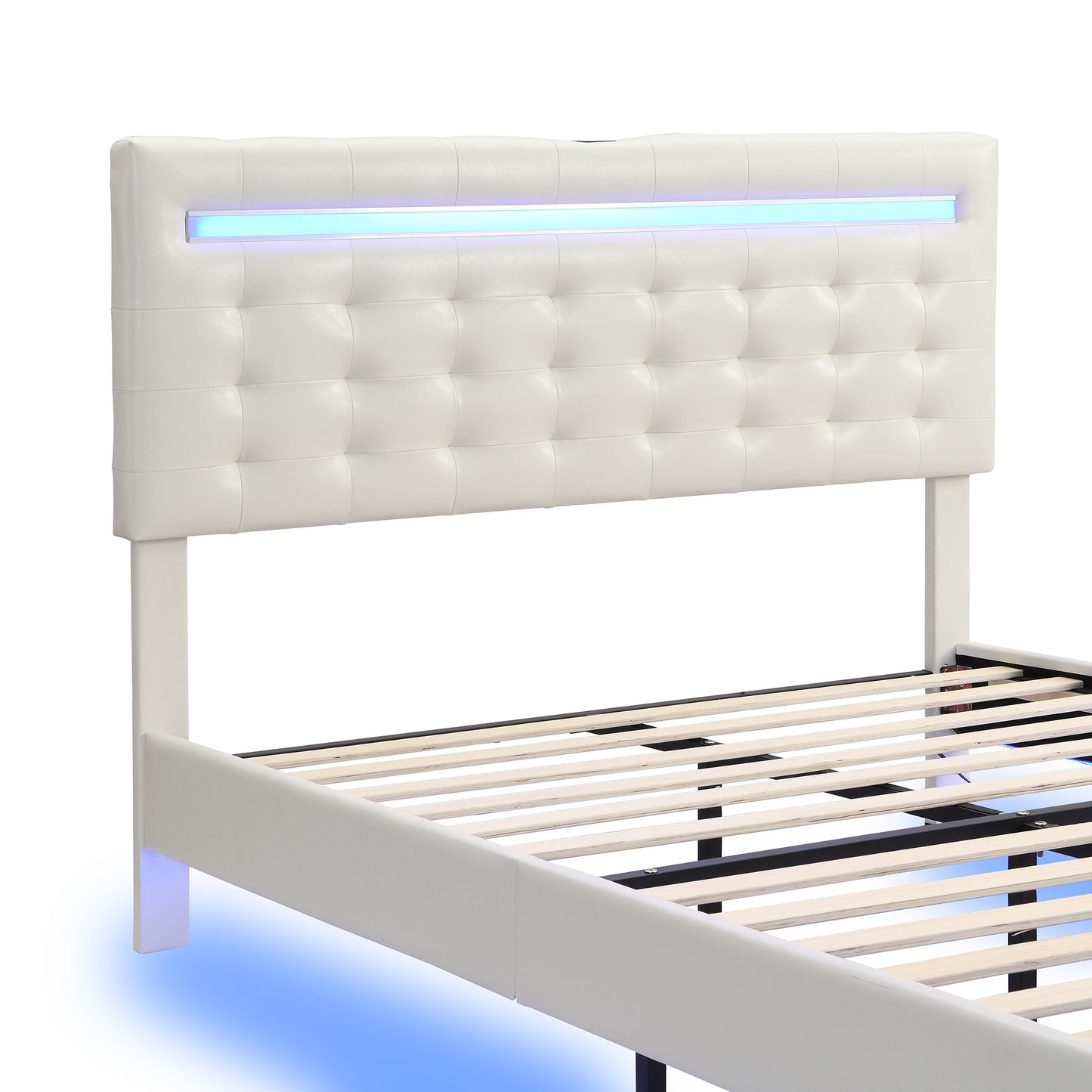 Full Size Floating Bed Frame with LED Lights and USB Charging,Modern Upholstered Platform LED Bed Frame,White(Full)