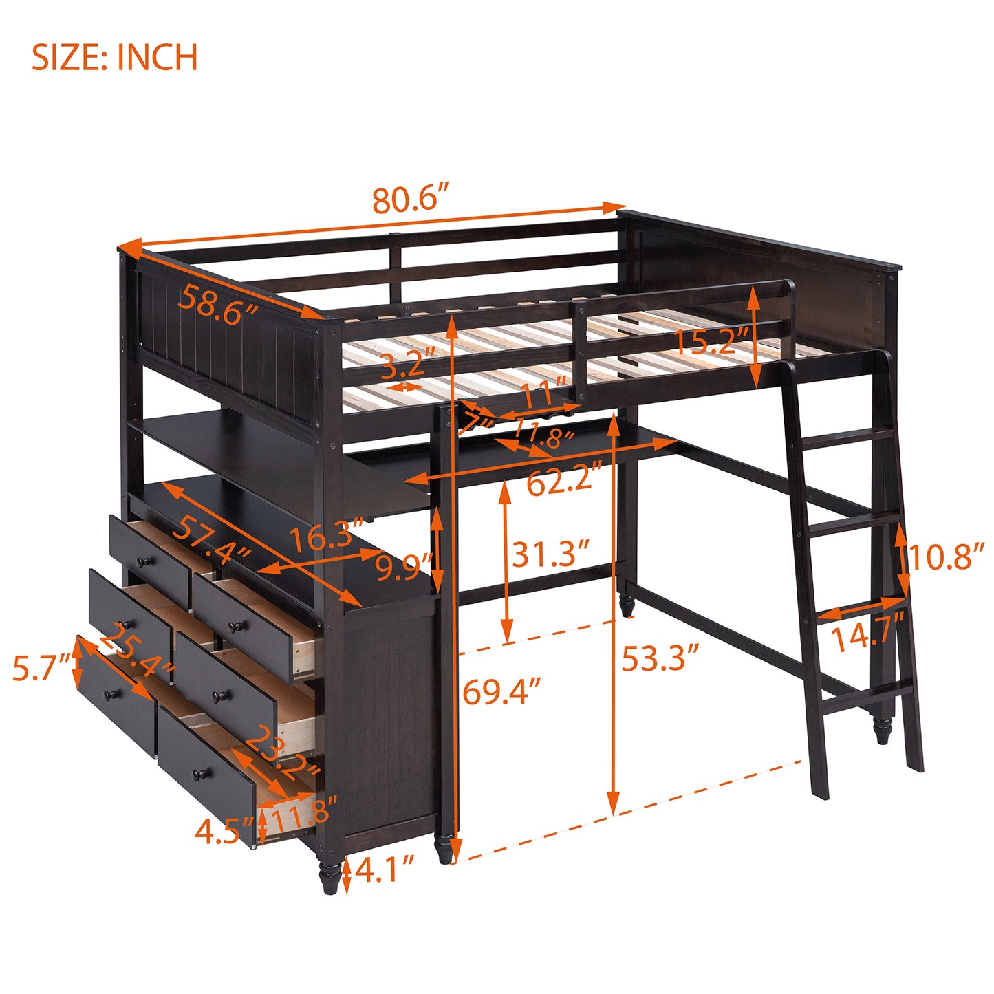 Full size Loft Bed with Drawers and Desk, Wooden Loft Bed with Shelves - Espresso