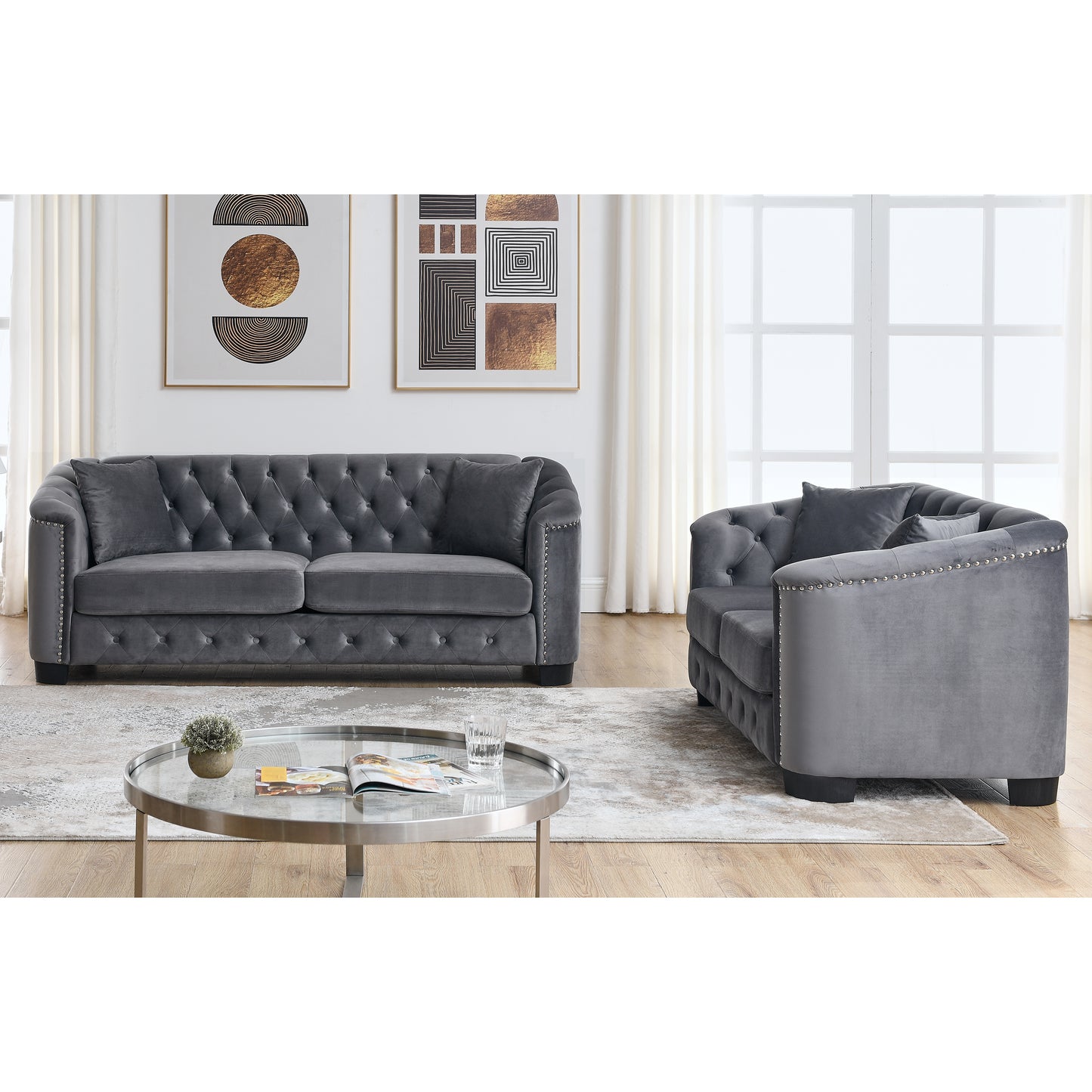 Elegant Grey Velvet 3-Seater and 2-Seater Sofa Combination