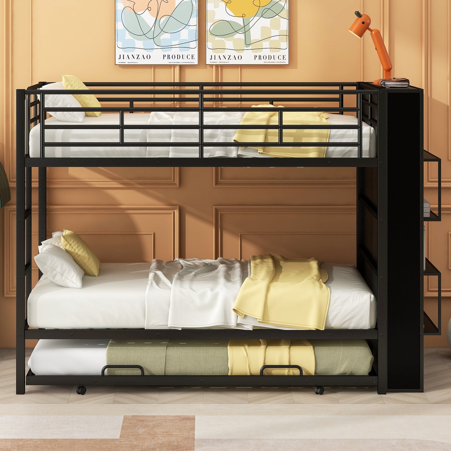 Twin Size Black Metal Bunk Bed with Integrated Bookshelf