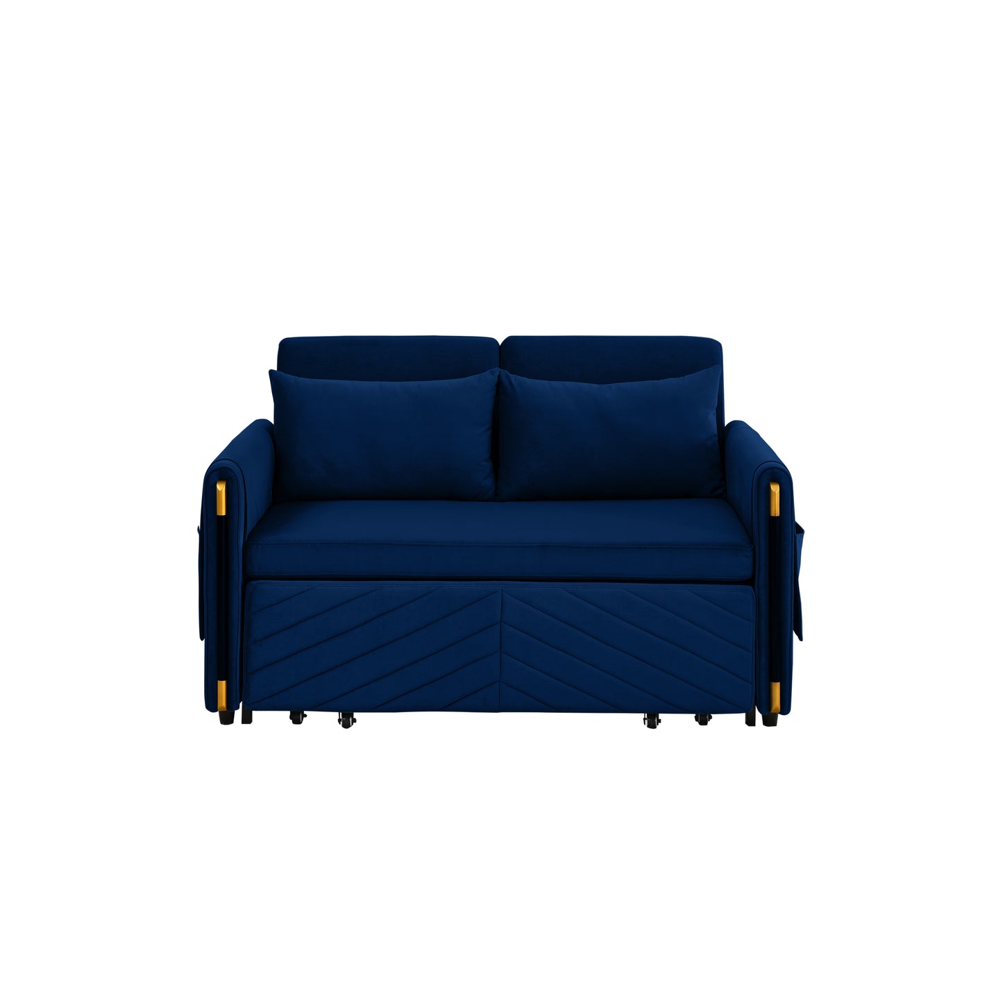 MH 54" Modern Convertible Sofa Bed with 2 Detachable Arm Pockets, Velvet Loveseat Multi-position adjustable Sofa with Pull Out Bed with Bedhead, 2 Pillows and Living Room, Blue