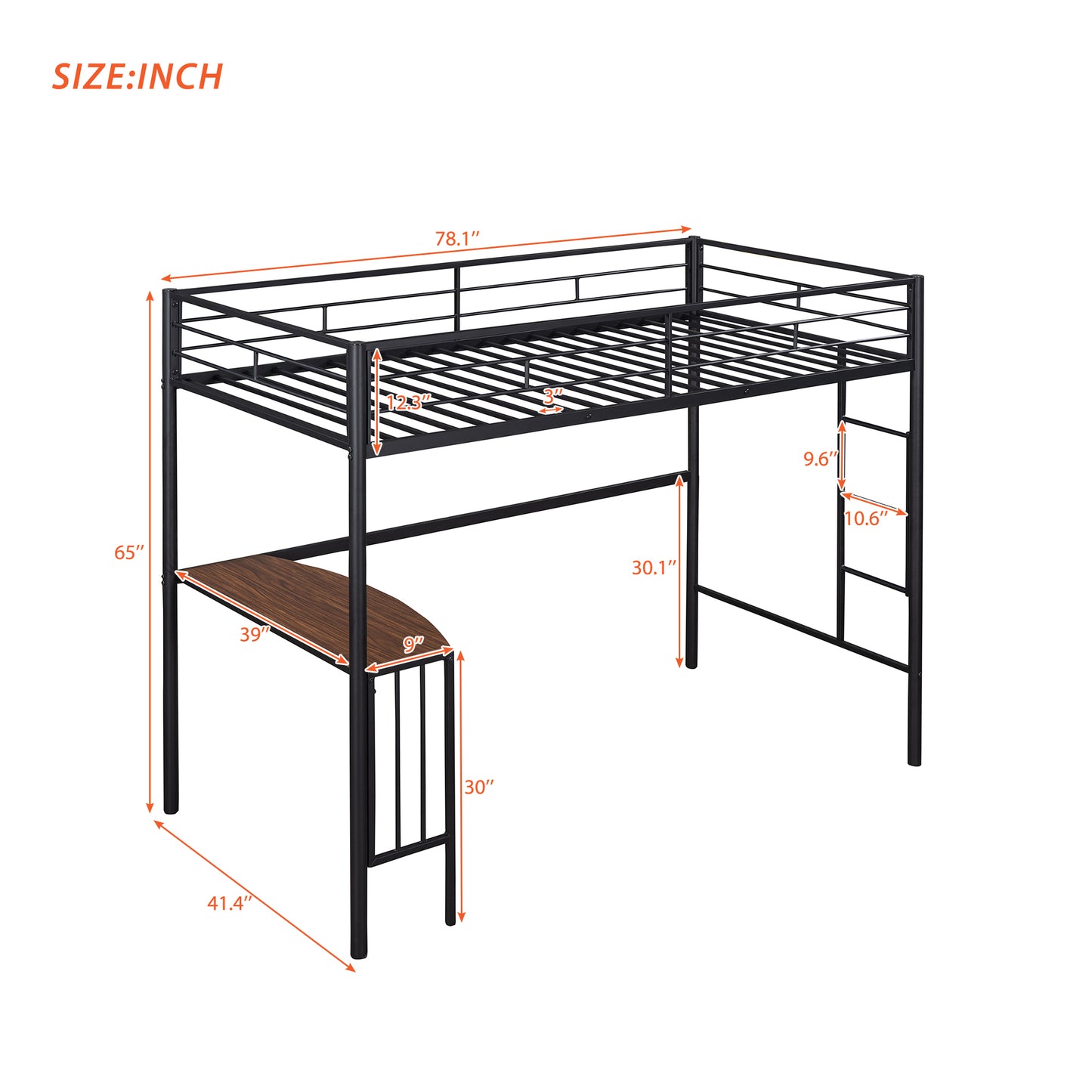 Black Metal Loft Bed with Built-in Study Desk, Ladder, and Guardrails for Twin Size Mattress