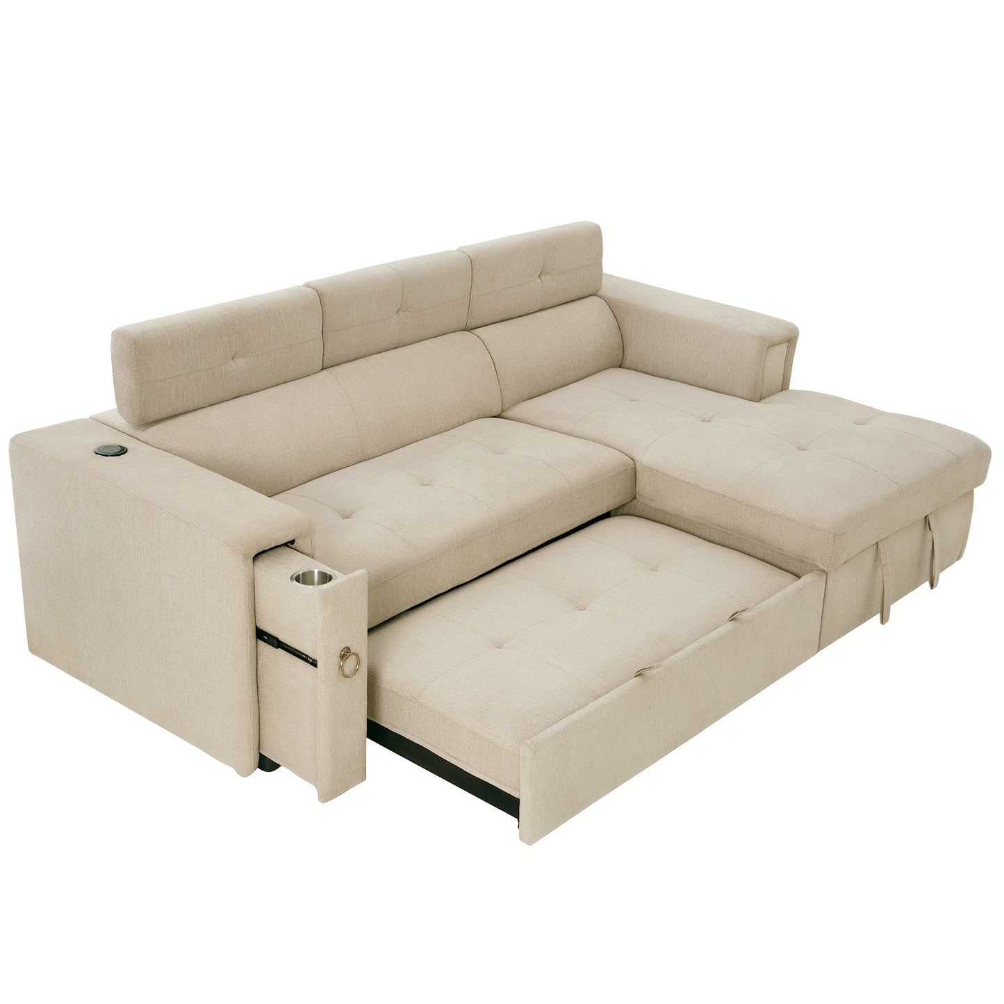 L-Shaped Sectional Sofa with Hidden Storage, Adjustable Headrest, Wireless Charging, and Cup Holders