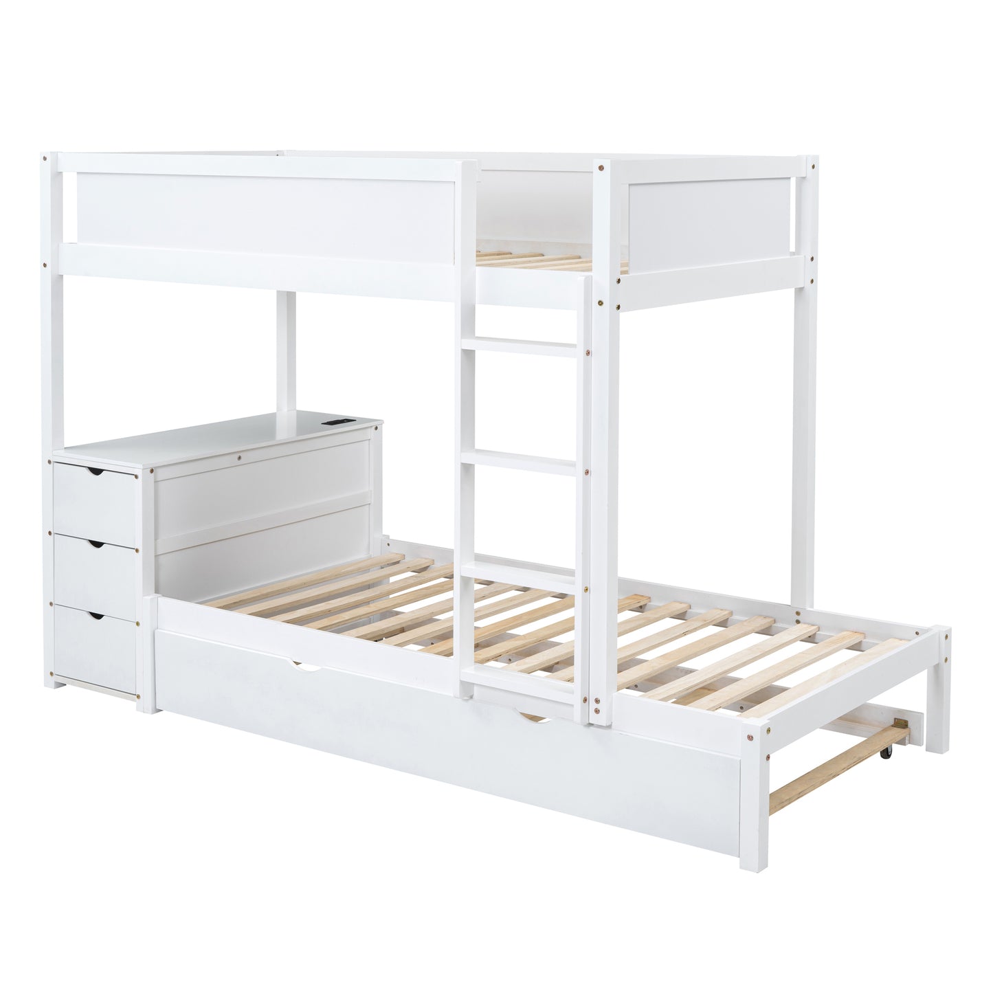 Twin Loft Bed with Trundle, Storage, Desk, and USB Outlets, White