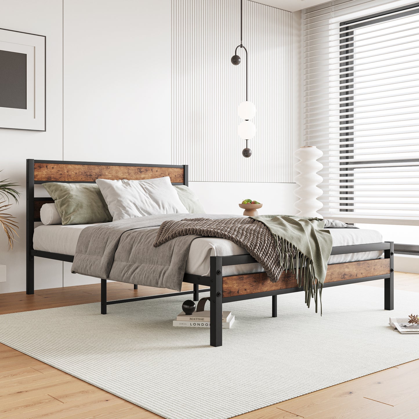 Full Size Platform Bed Frame with Rustic Vintage Wood Headboard, Strong Metal Slats Support, No Box Spring Needed