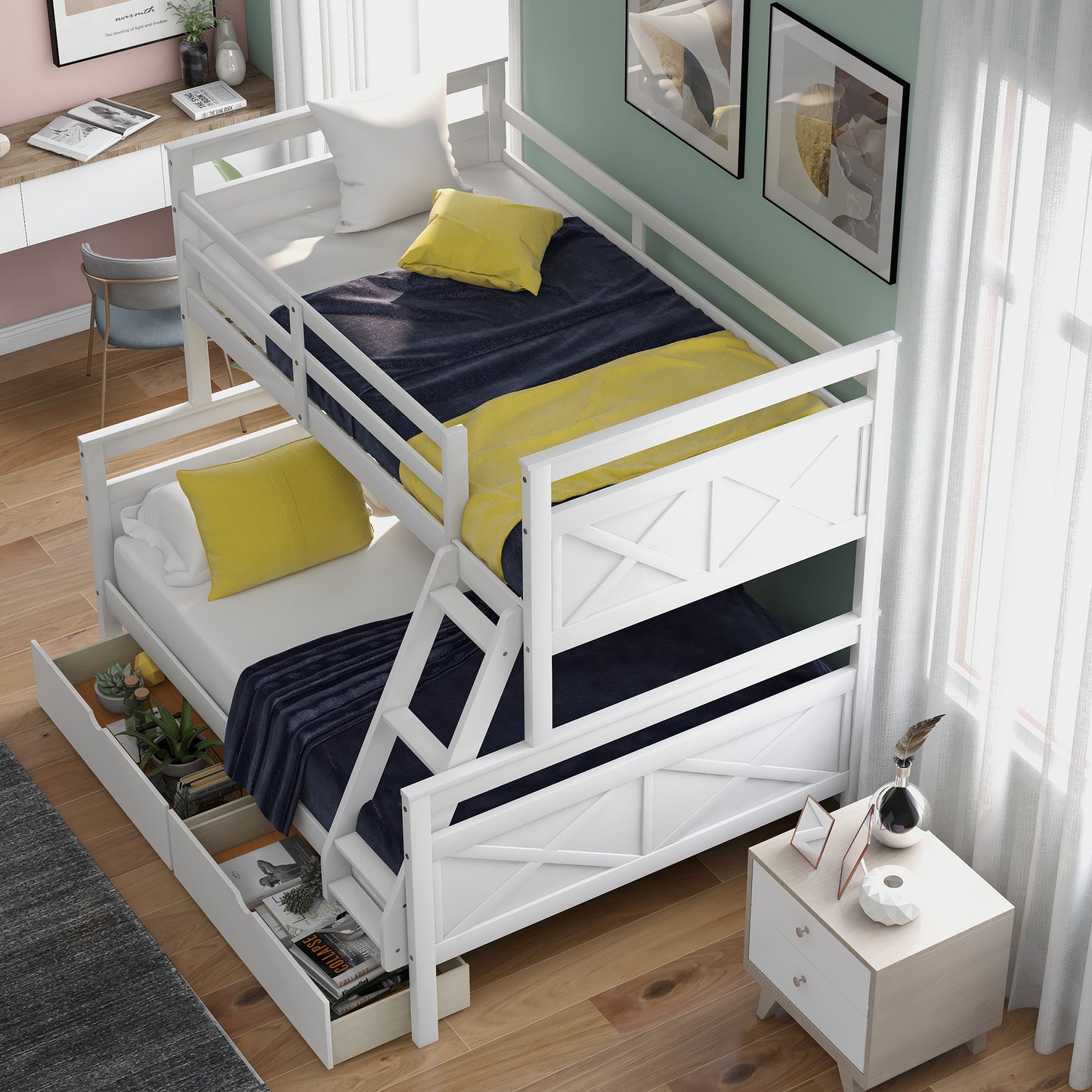 Twin over Full Bunk Bed with Under-Bed Storage Drawers and Safety Features