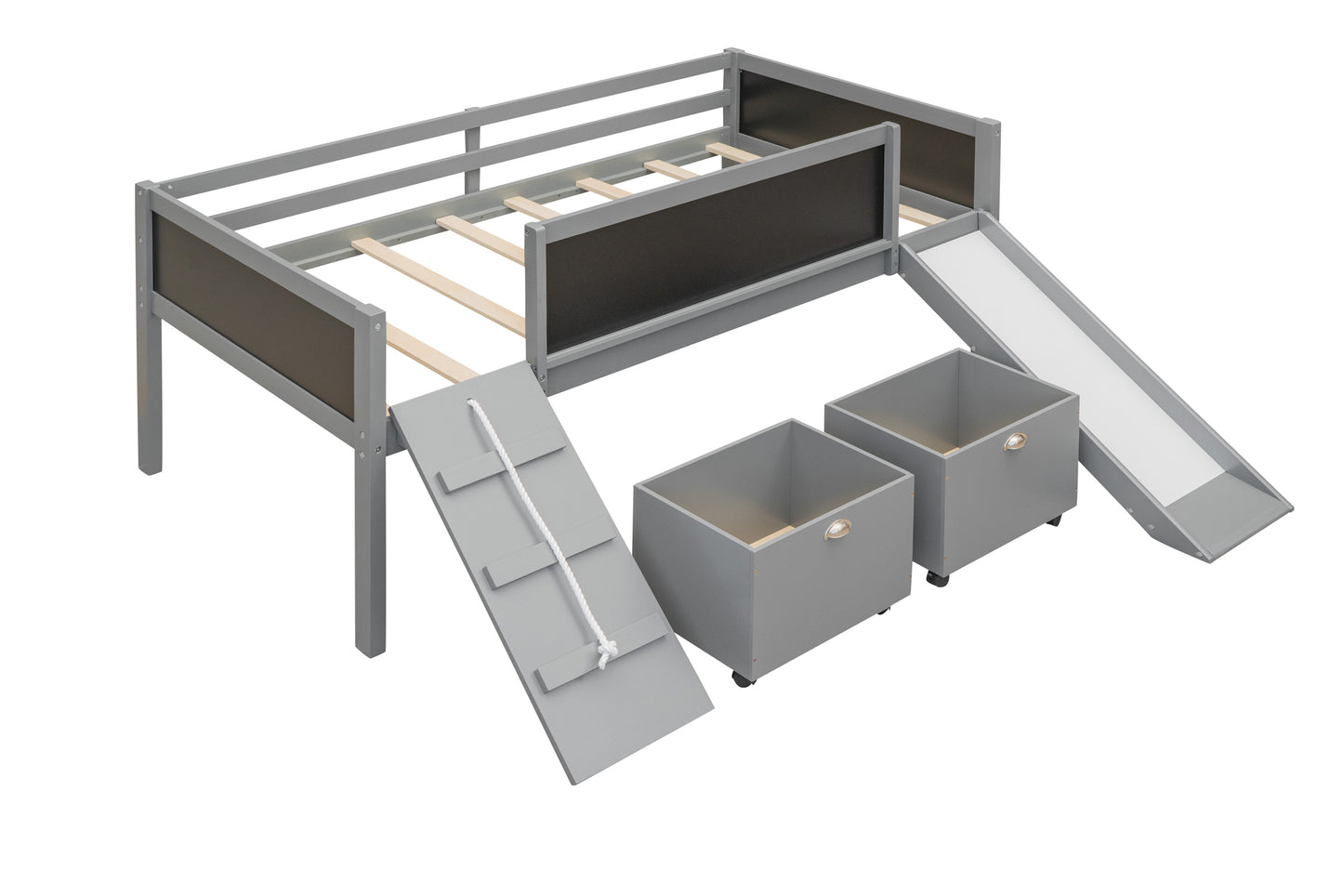 Twin size Loft Bed Wood Bed with Two Storage Boxes - Gray