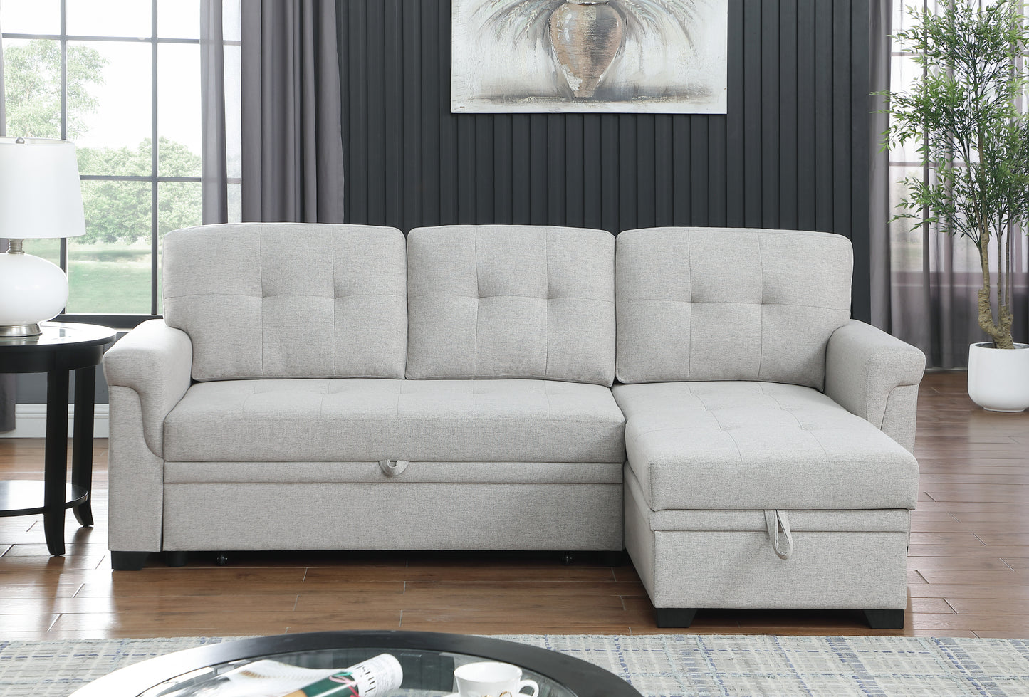 Lucca Light Gray Linen Sofa Bed with Reversible Storage Chaise