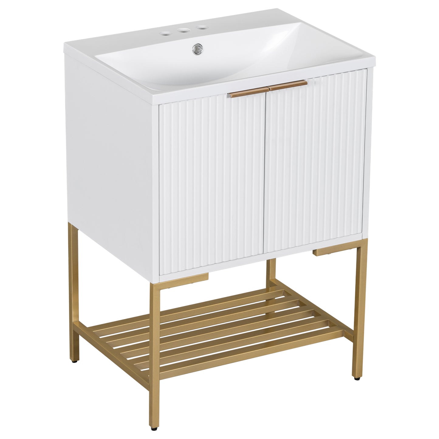 24" Bathroom Vanity with Sink, Bathroom Vanity Cabinet with Two Doors and Gold Metal Frame, Open Storage Shelf, White