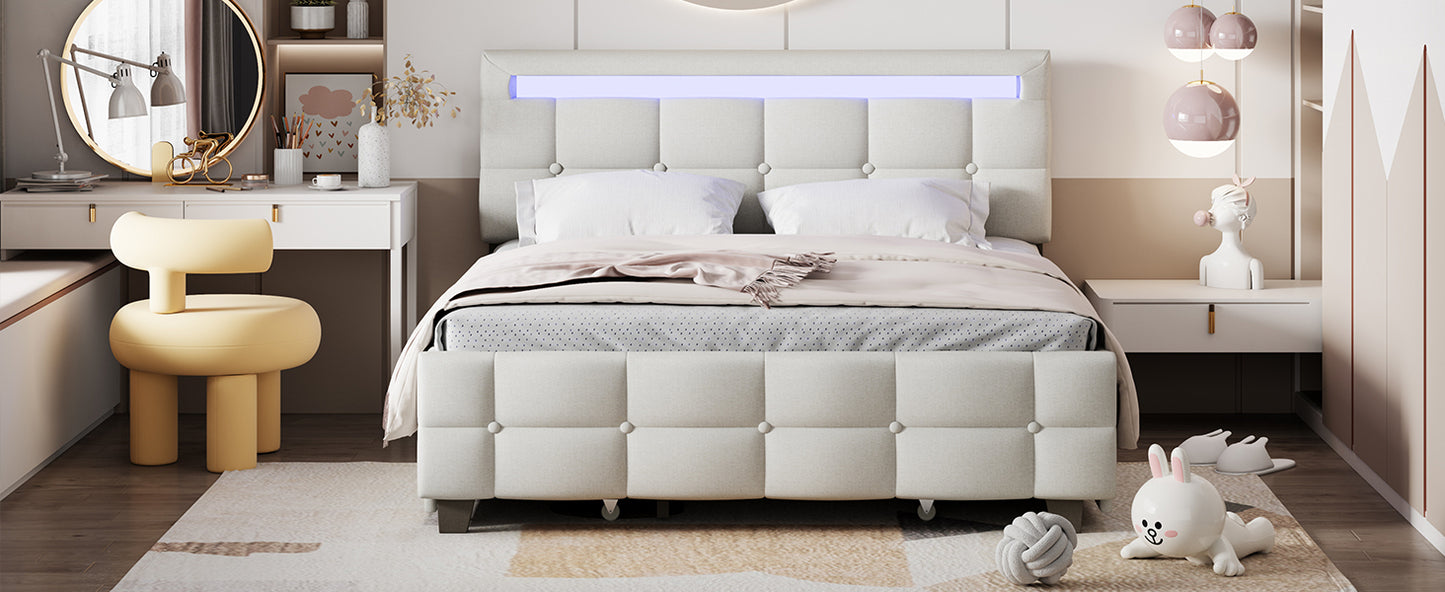 Queen Size Upholstered Platform Bed with LED Frame and 4 Drawers, Linen Fabric, Beige