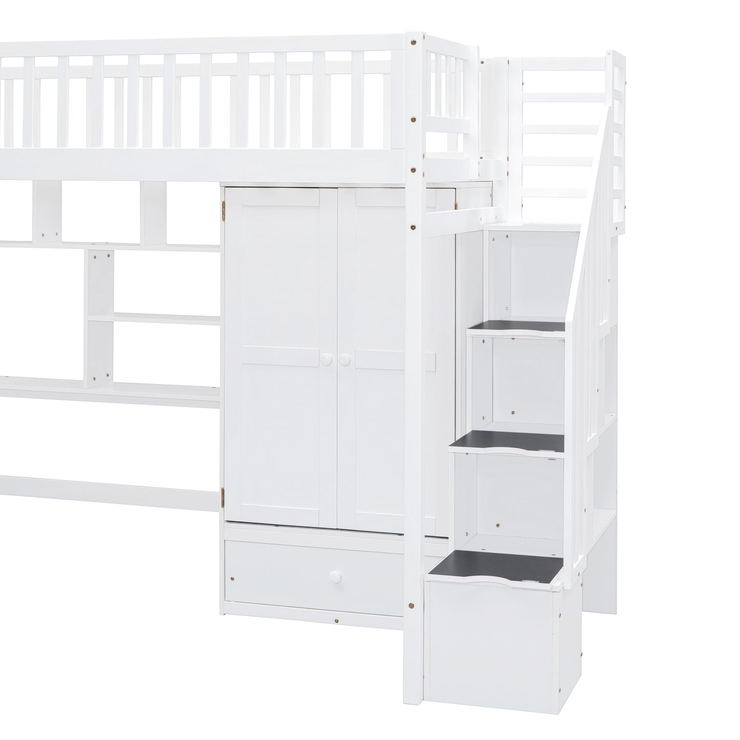 Twin size Loft Bed with Bookshelf,Drawers,Desk,and Wardrobe-White