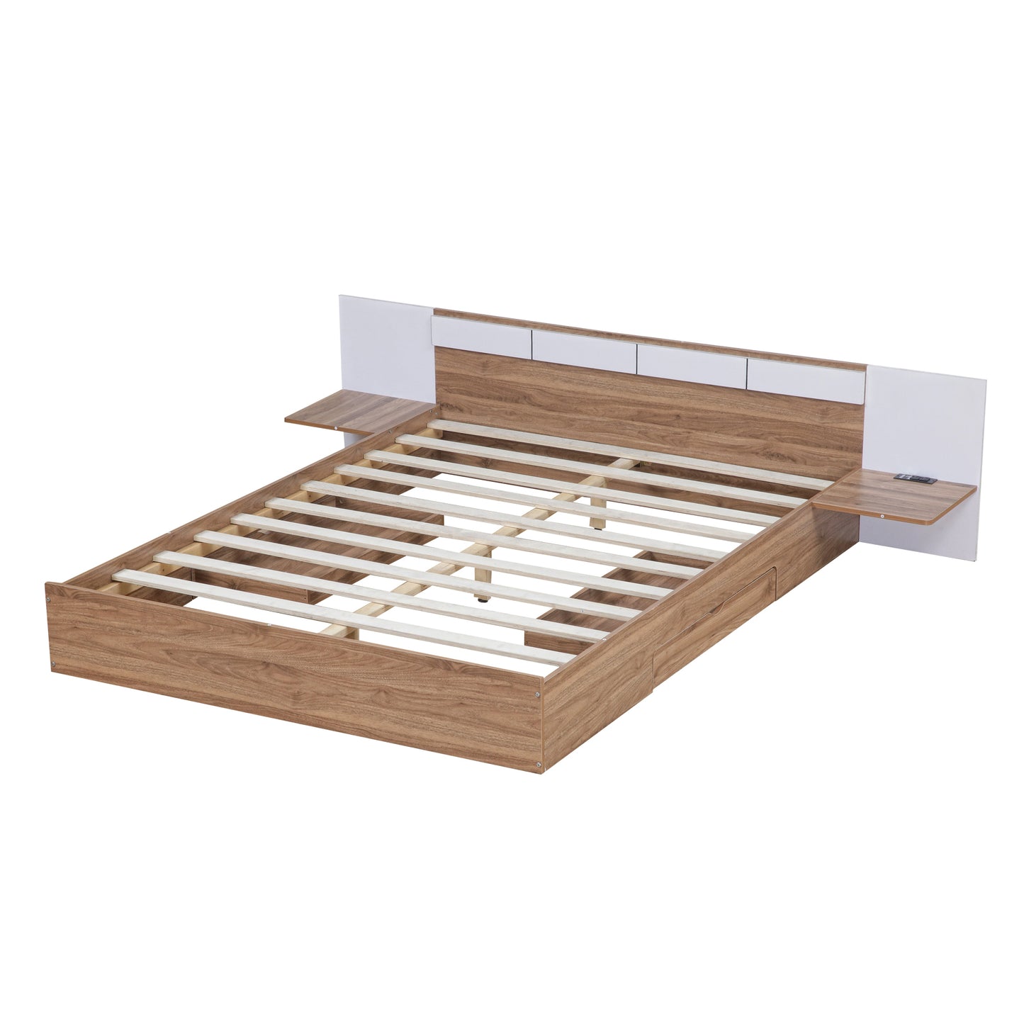 Queen Size Platform Bed with Headboard, Drawers, Shelves, USB Ports and Sockets, Natural