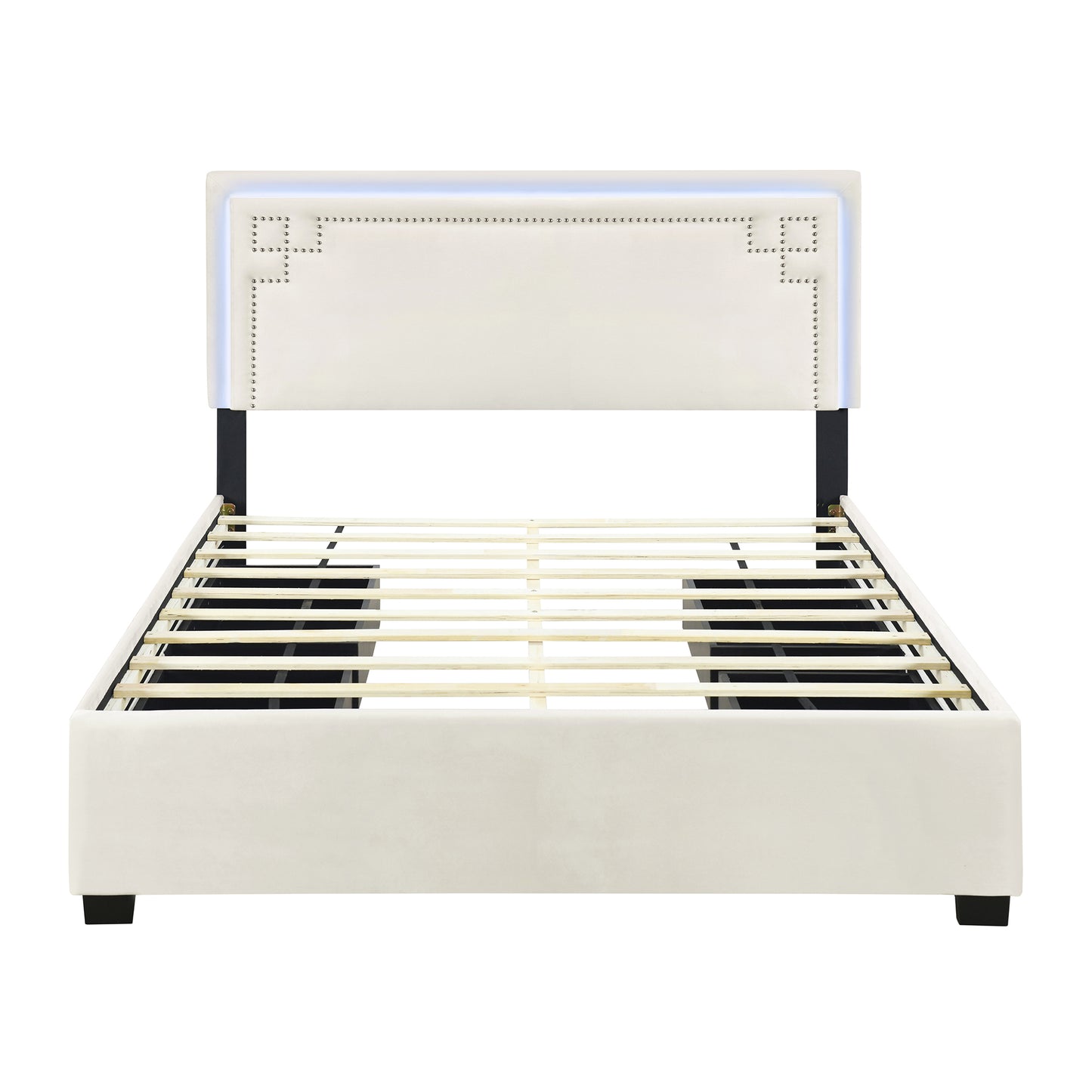 Queen Size Upholstered Platform Bed with Rivet-decorated Headboard, LED bed frame and 4 Drawers, Beige