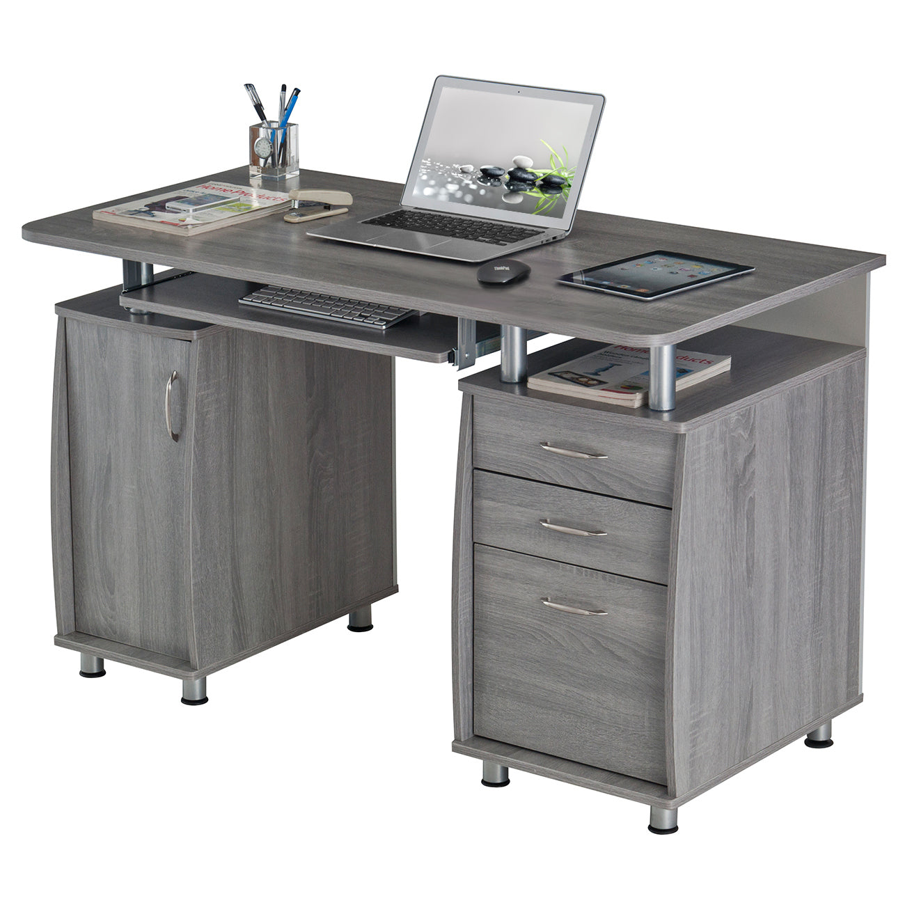 Elegant Grey Workstation Desk with Abundant Storage Space