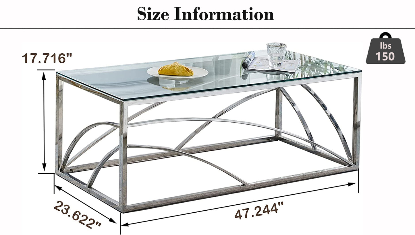 Modern Silver Stainless Steel Glass Coffee Table for Living Room