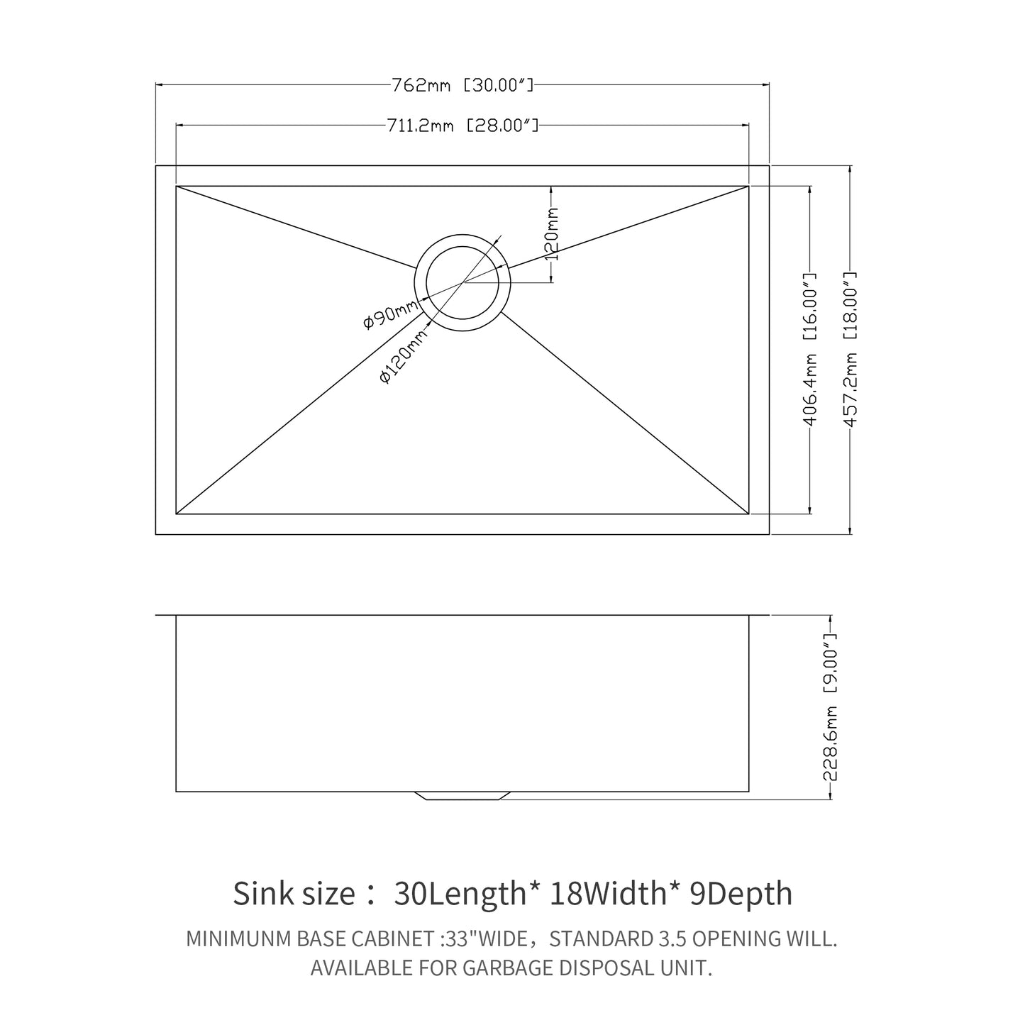 Stainless Steel 30-Inch Undermount Kitchen Sink - Single Bowl 9-Inch Deep Basin