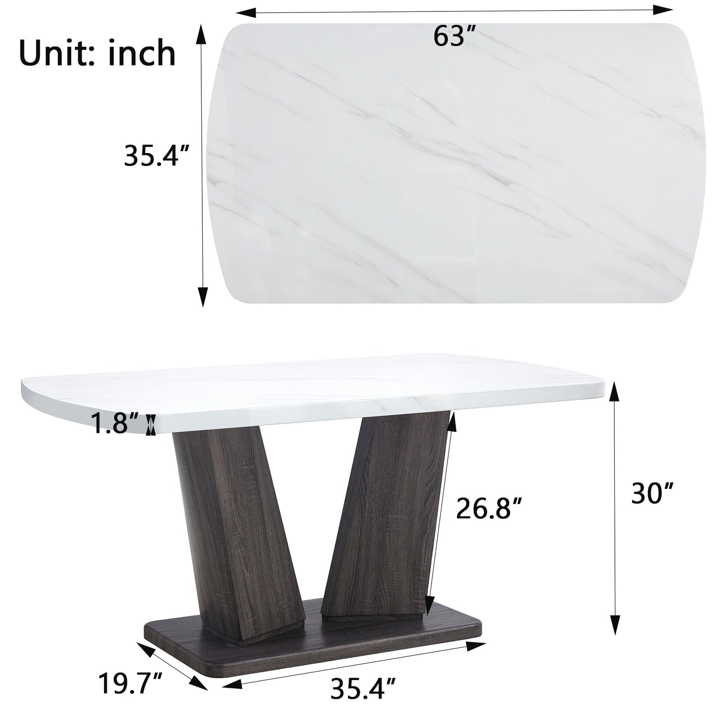 63" Modern Style 6-piece Dining Table with 4 Chairs & 1 Bench, Table with Marbled Veneers Tabletop and V-shaped Table Legs (White)