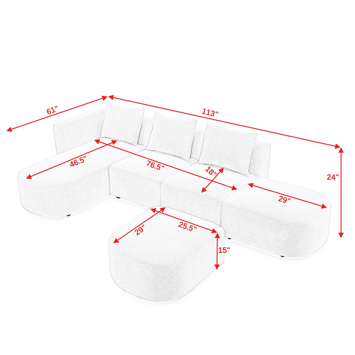 L Shape Sectional Sofa with Right Side Chaise and Ottoman, Modular Sofa, DIY Combination, Loop Yarn Fabric, Beige