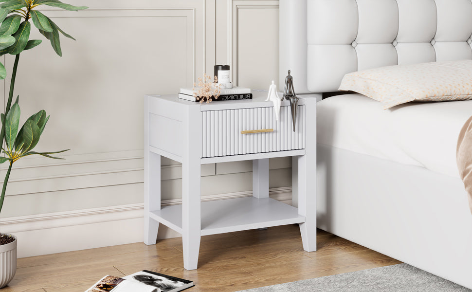 Wooden Nightstand with a Drawer and an Open Storage, End Table for Bedroom, White