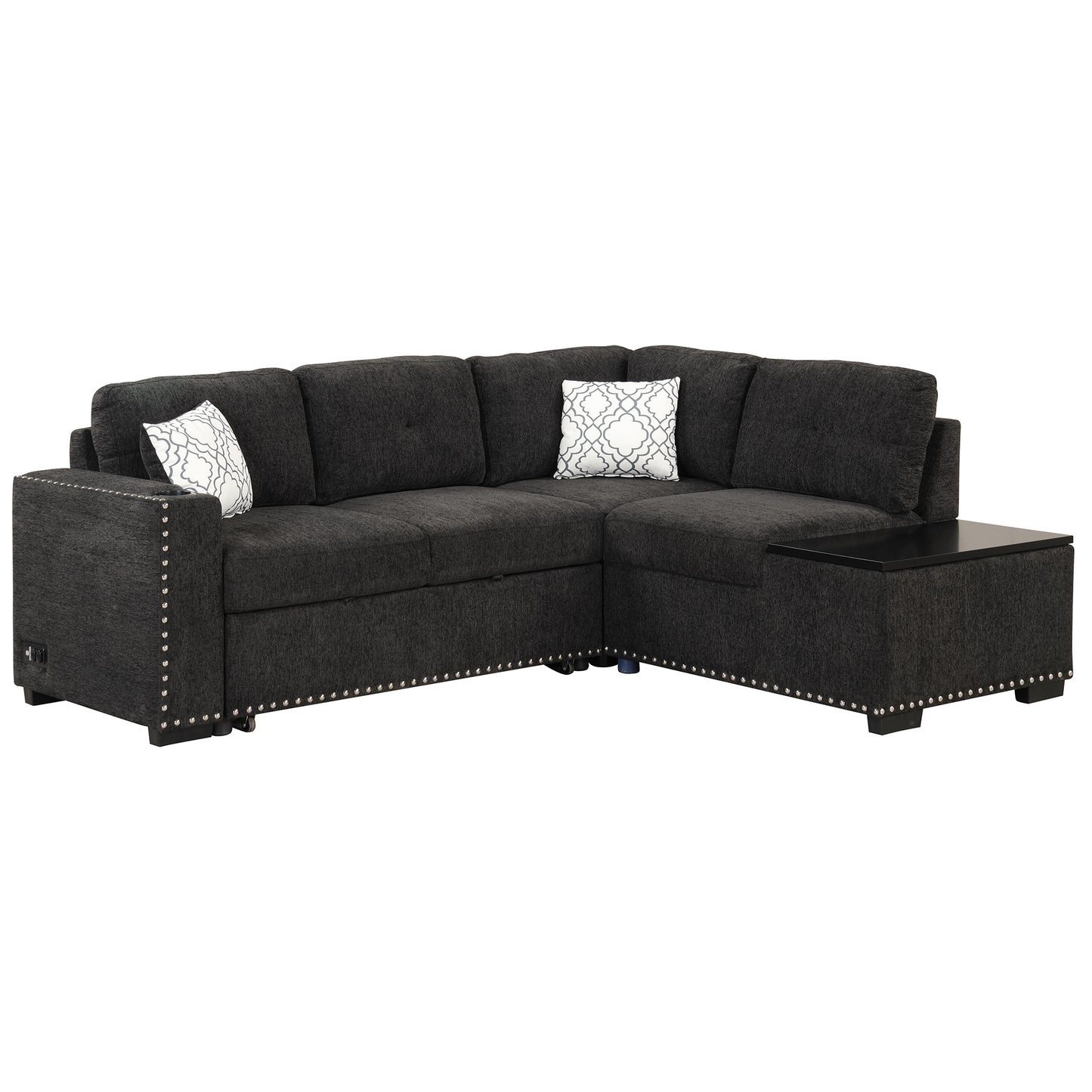 83.8 L-Shaped Reversible Sectional Sleeper Sofa with Cup Holder and USB Ports, Black