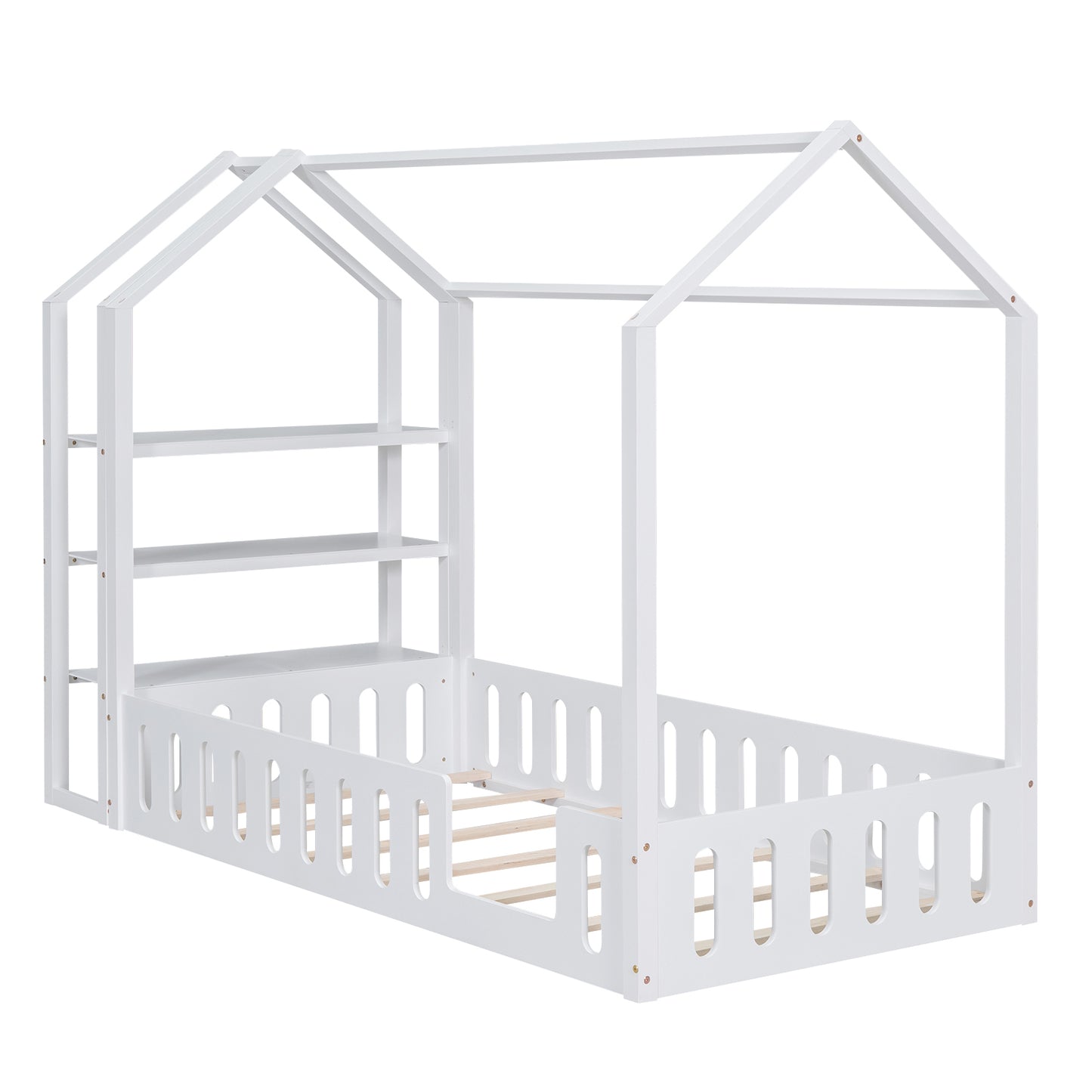 Twin Size Wood House Bed with Fence and Detachable Storage Shelves, White(Expected Arrival Time: 1.7)